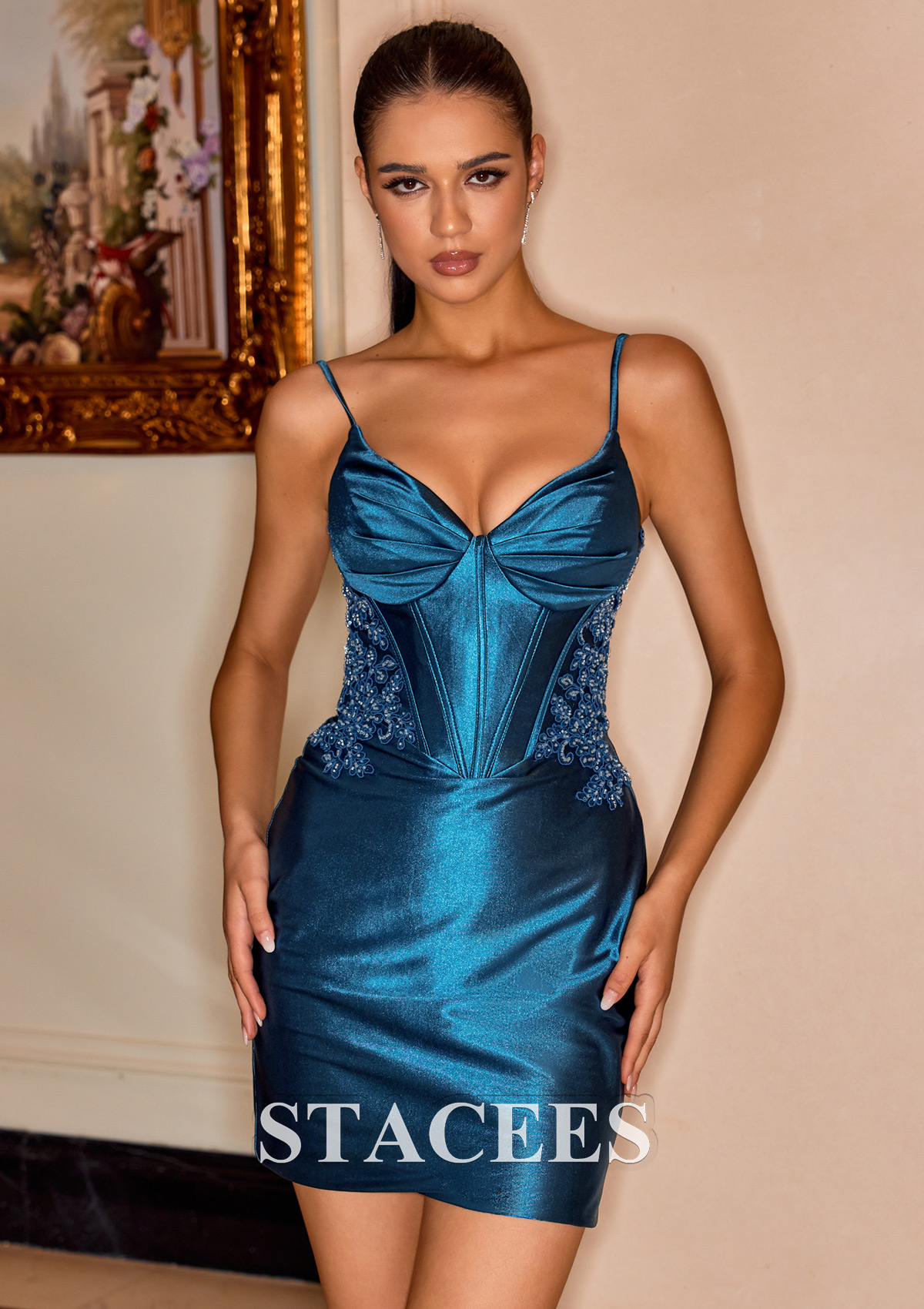 Peacock Sheath/Column V Neck Silk like Satin Short/Mini Homecoming Dress with Appliqued Beading Pleated - STACEES