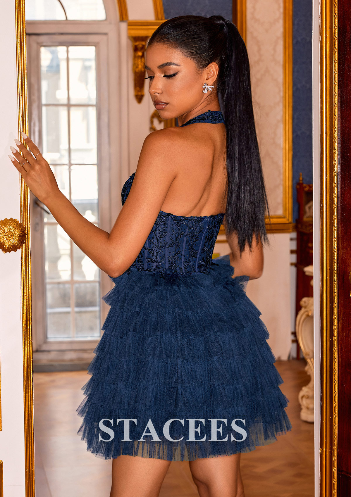 Dark Navy Vestido línea a cuello halter tul corto/mini vestido para homecoming - STACEES
