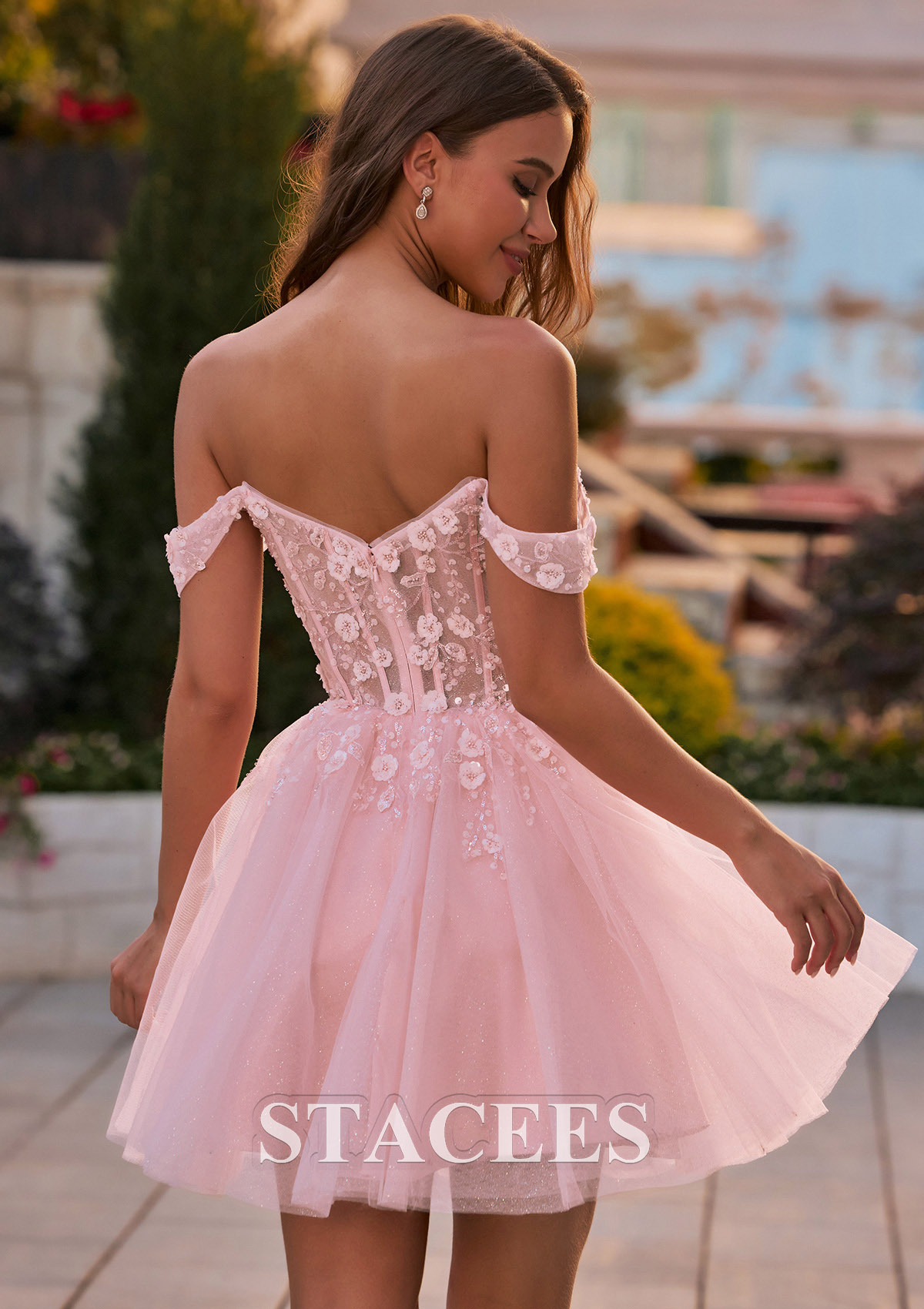 Rose Rougissant Robe trapèze épaule dénudée tulle courte/mini robe de fête de la rentrée avec perles paillettes - STACEES