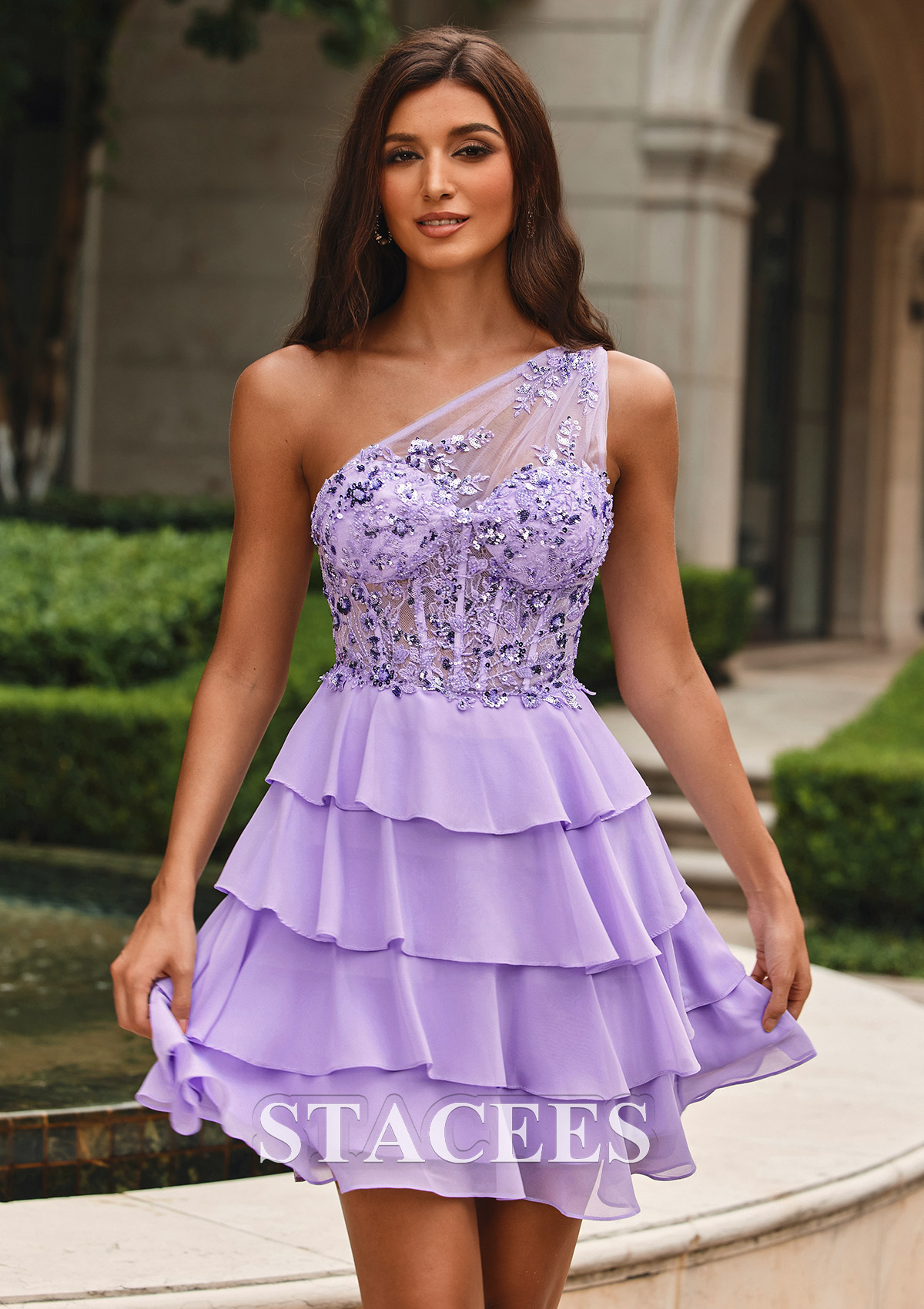 Lavande Trapèze une épaule mousseline courte/mini robe de fête de la rentrée  - STACEES