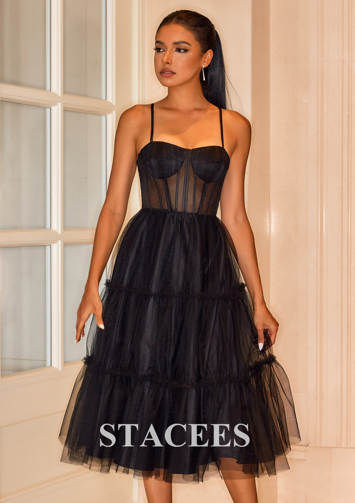 Black Vestido línea a cuello cuadrado tul hasta la tibia vestido para homecoming - STACEES