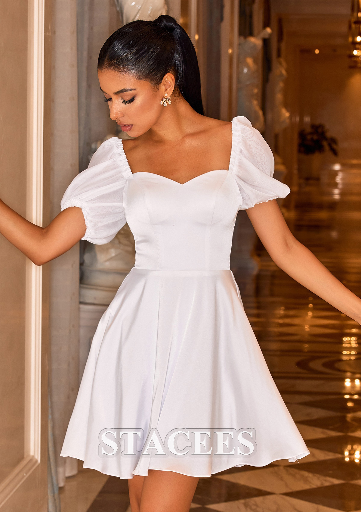 White A-line Sweetheart Short Sleeve Satin Short/Mini Homecoming Dress - STACEES