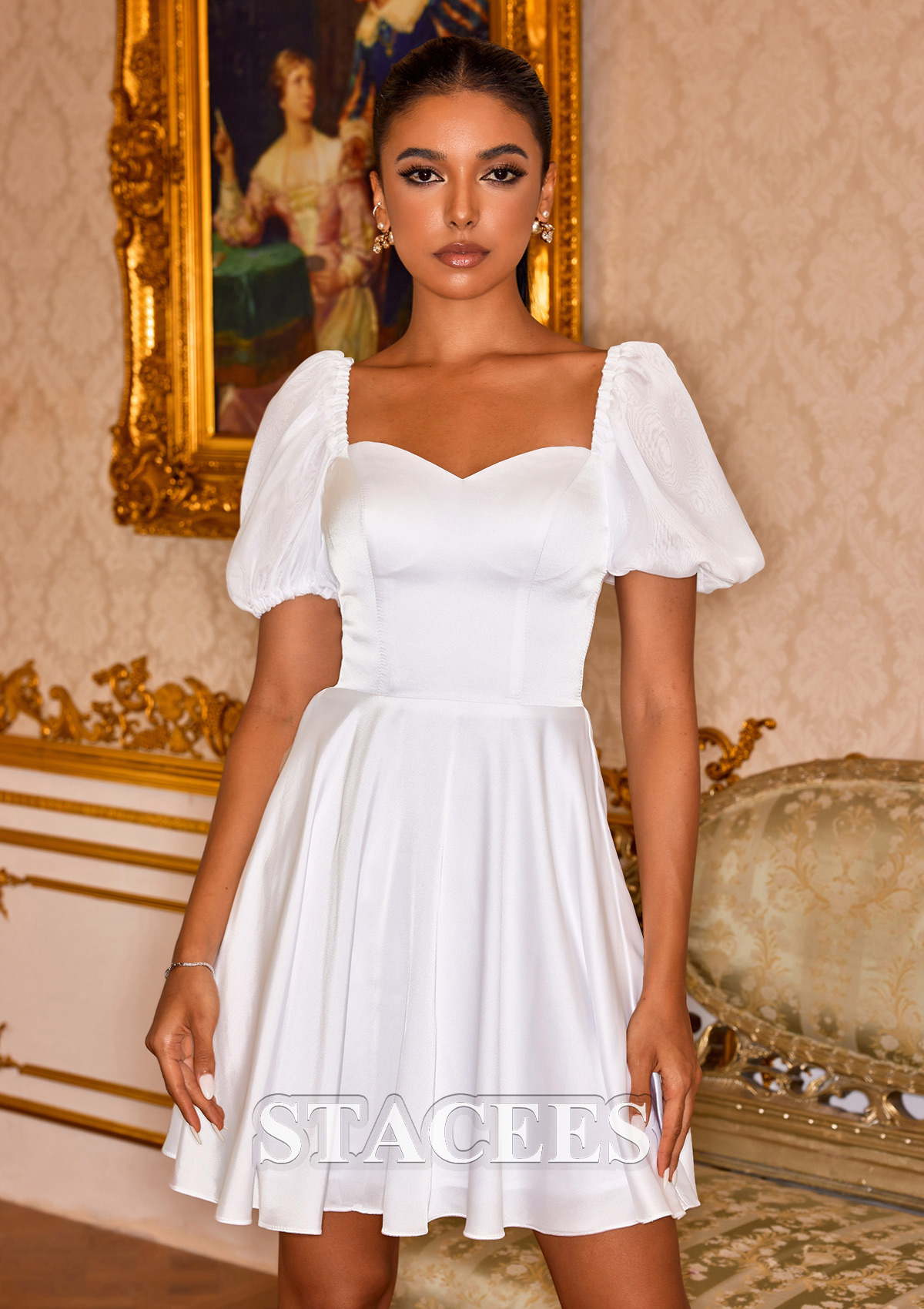White A-line Sweetheart Short Sleeve Satin Short/Mini Homecoming Dress - STACEES