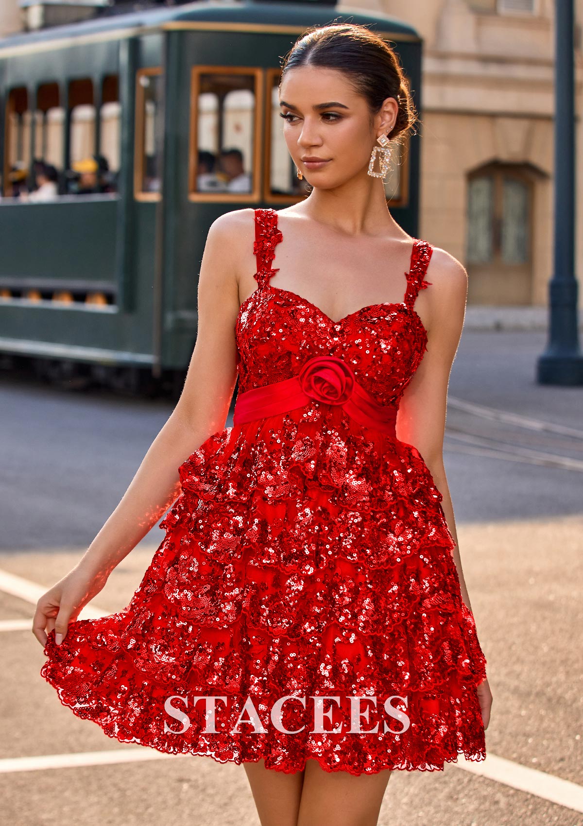 Rouge Robe trapèze cache coeur tulle courte/mini robe de fête de la rentrée - STACEES