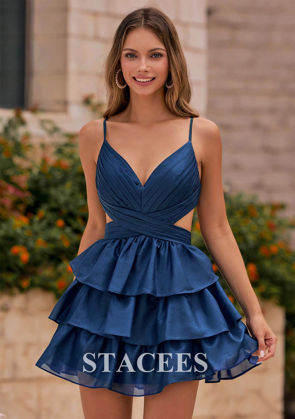 Navy Blue Glittering A-line V Neck Tiered Ruffle Cutout Homecoming Dress with Bow Back - STACEES