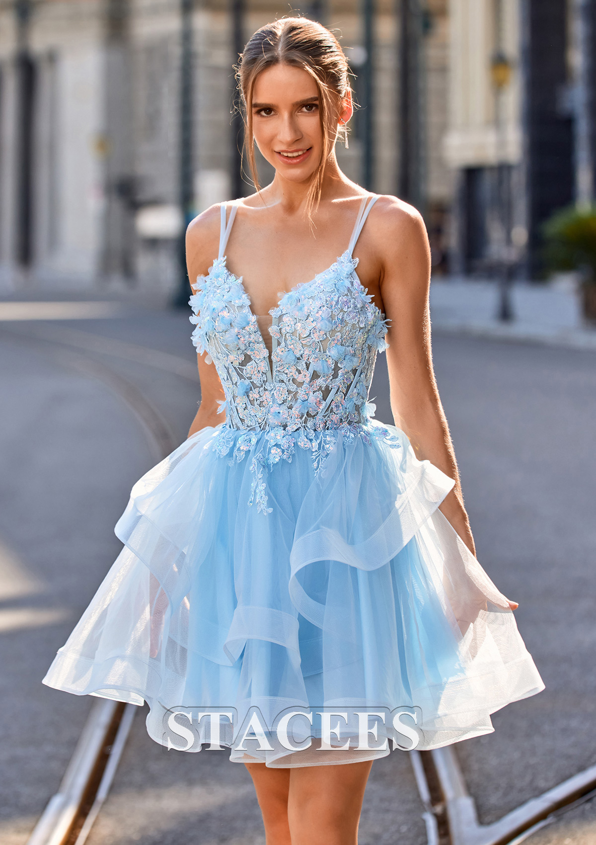 Bleu Ciel Robe trapèze col en v tulle courte/mini robe de fête de la rentrée - STACEES