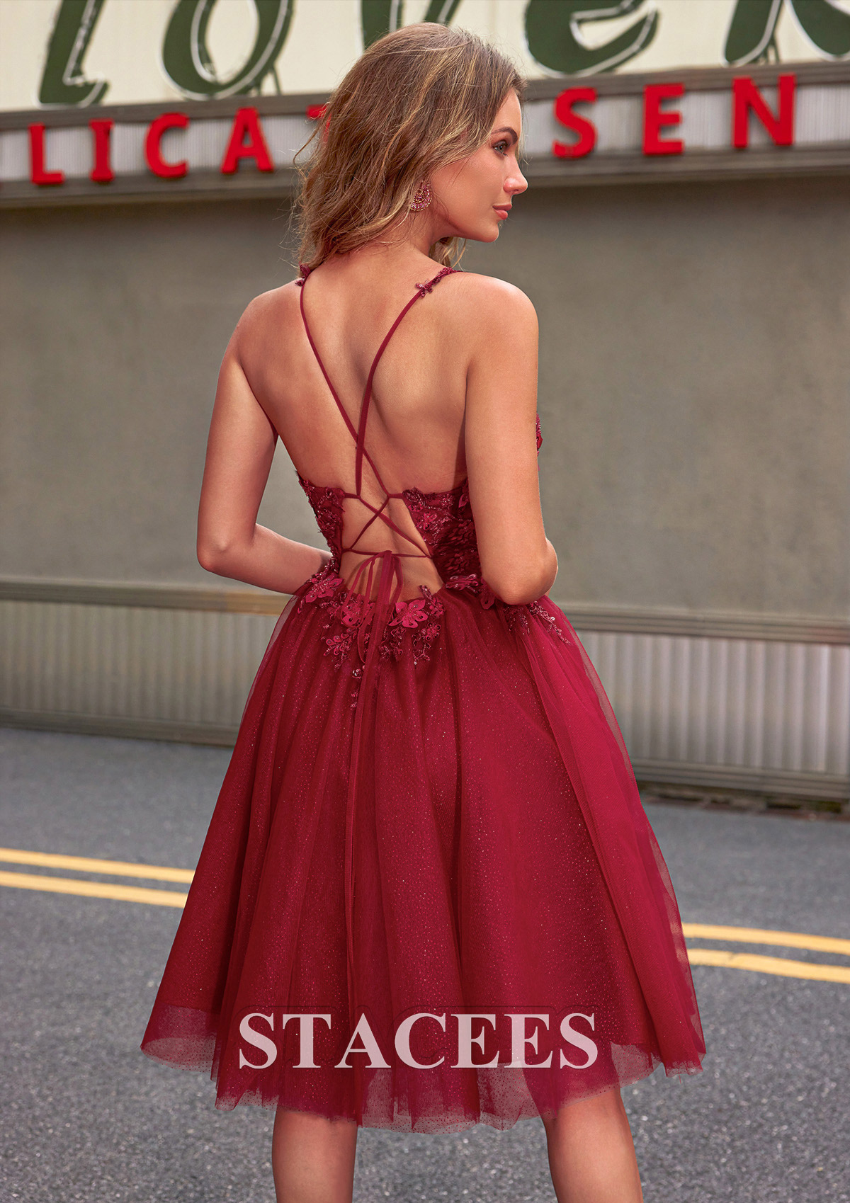 Burgundy A-line V Neck Sleeveless Knee-Length Tulle Homecoming Dress with Appliqued Beading Sequins Glitter - STACEES