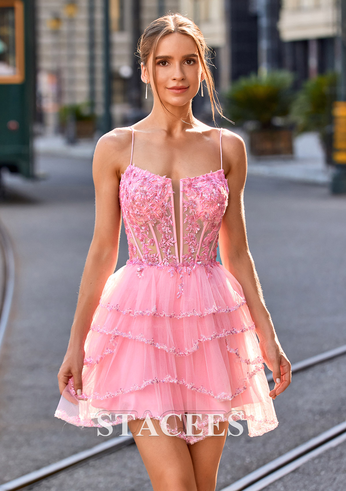 Candy Pink A-line V Neck Tulle Short/Mini Homecoming Dress with Appliqued Ruffles Sequins - STACEES