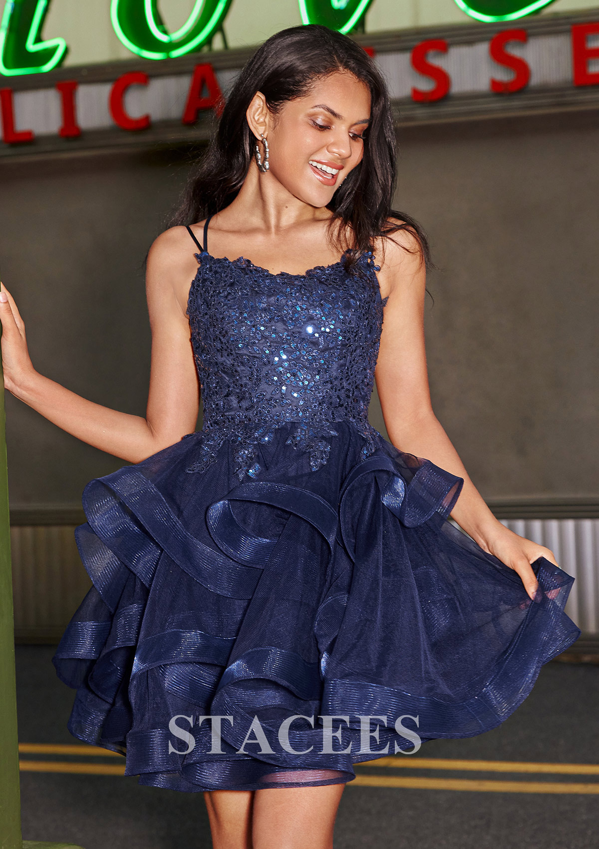Bleu marine foncé Robe marquise carrée tulle courte/mini robe de fête de la rentrée - STACEES