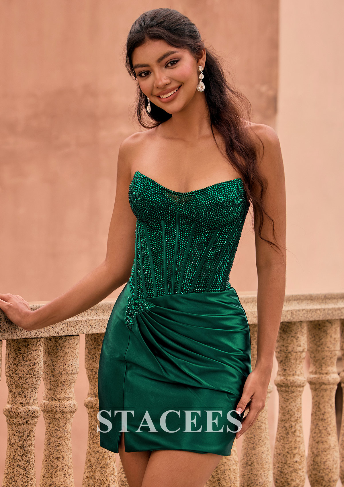 Vert Foncé Fourreau scoop soie comme du satin courte/mini robe de fête de la rentrée avec perles plissé - STACEES
