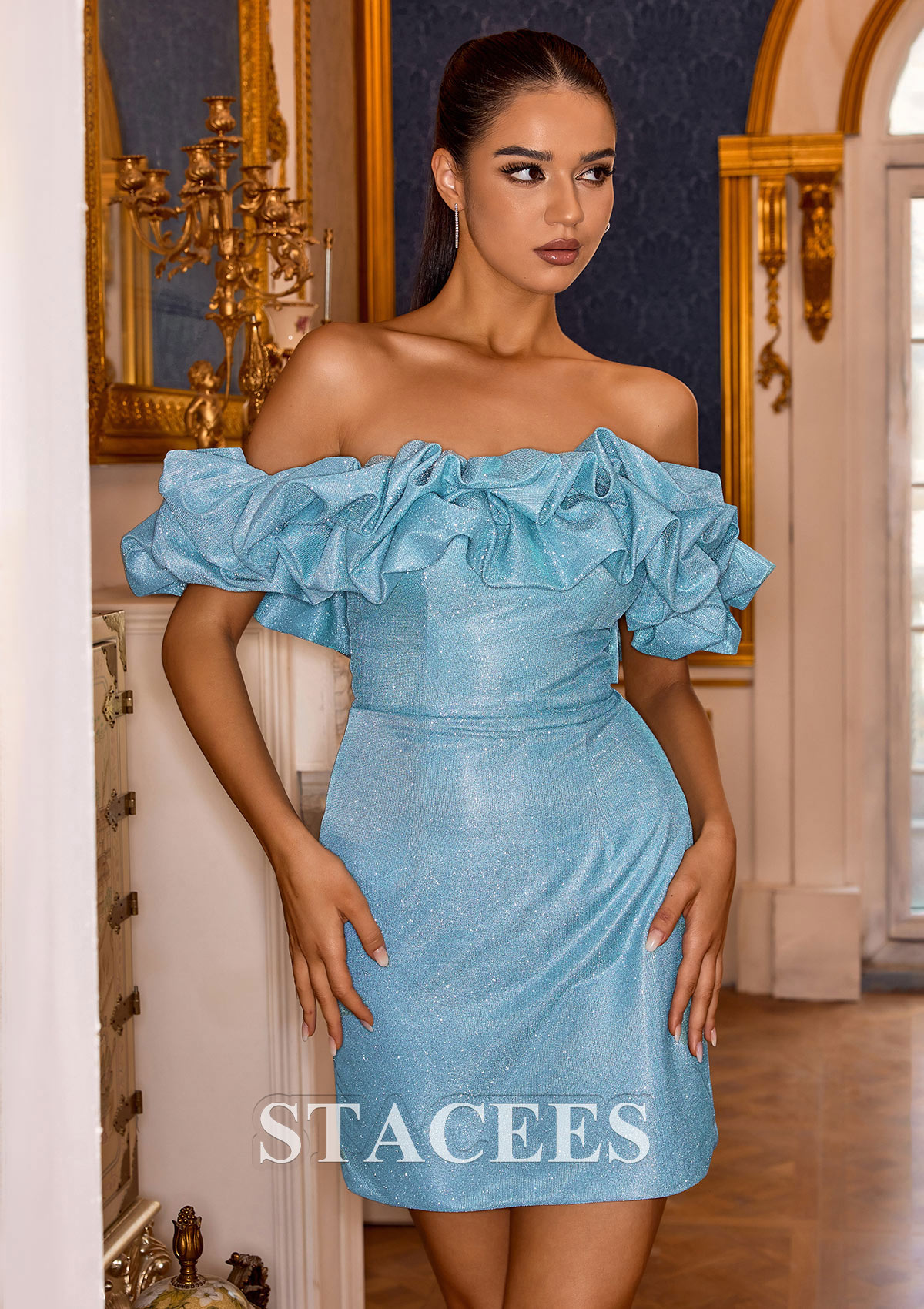 Sky Blue Cubierta hombros descubiertos tejer corto/mini vestido para homecoming - STACEES