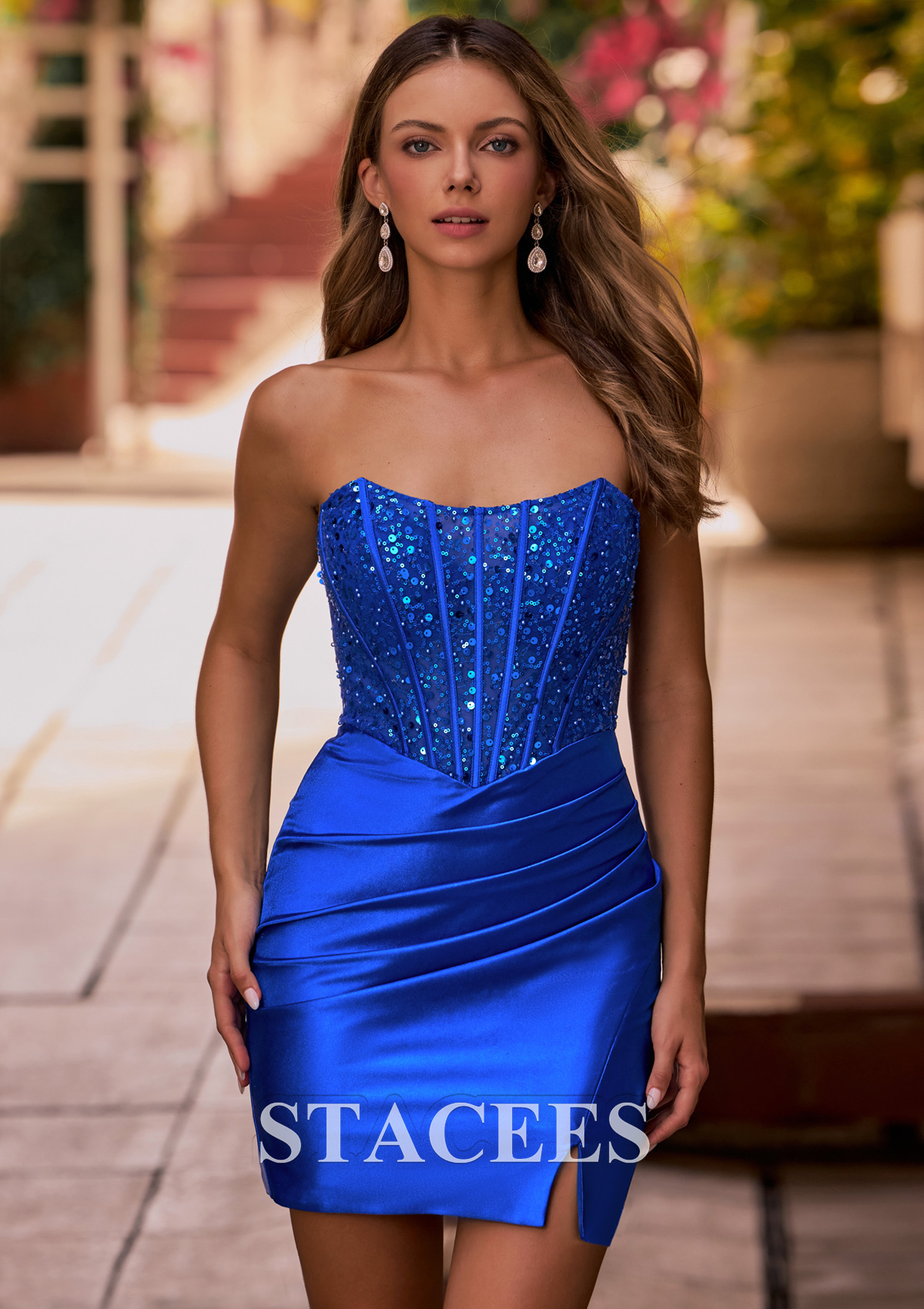 Royal Blue Tight Square Neckline Strapless Sequins Corset Homecoming Dress with Slit - STACEES