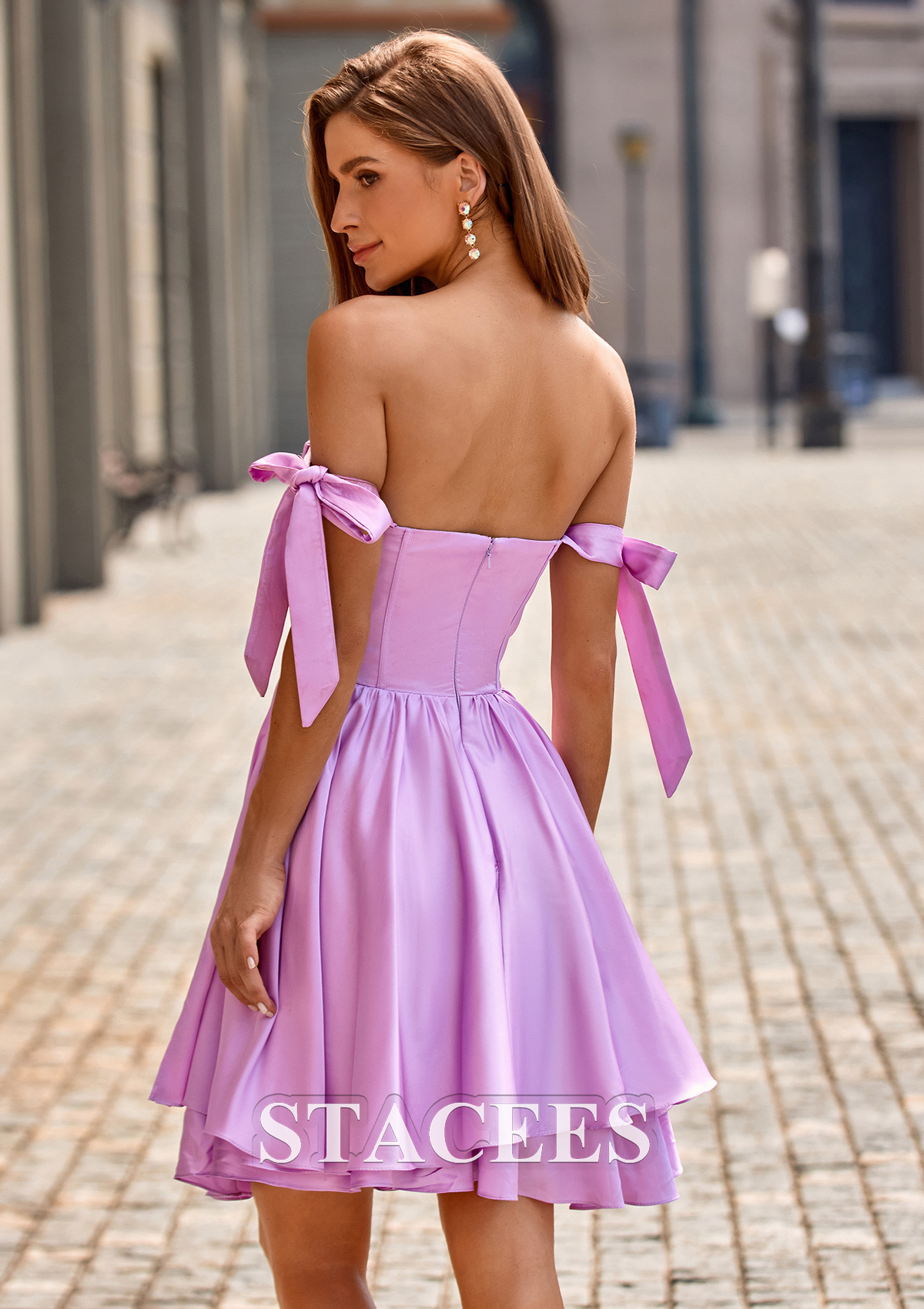 Lilac A-line Off-the-Shoulder Short/Mini Satin Homecoming Dress with Ruffles Bows - STACEES