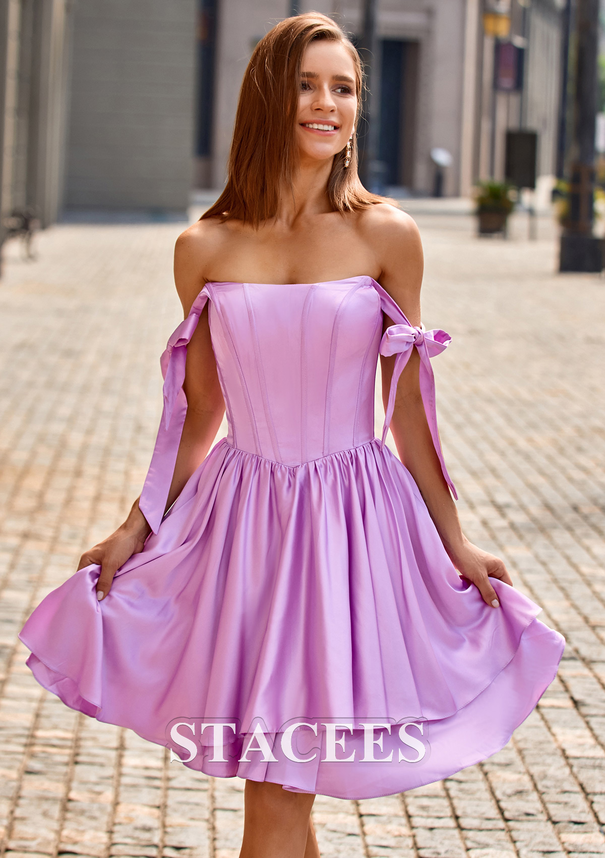 Lilac A-line Off-the-Shoulder Short/Mini Satin Homecoming Dress with Ruffles Bows - STACEES