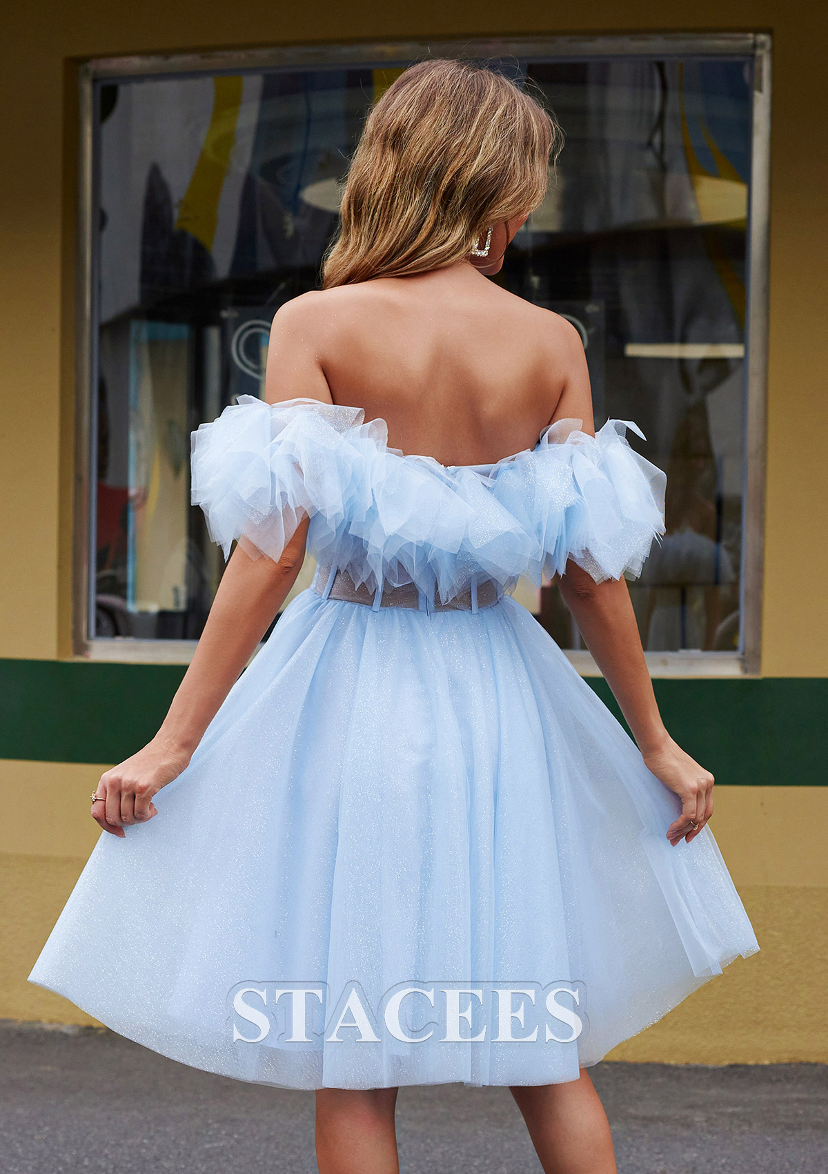 Azul Cielo Vestido línea a hombros descubiertos tul corto/mini vestido para homecoming - STACEES
