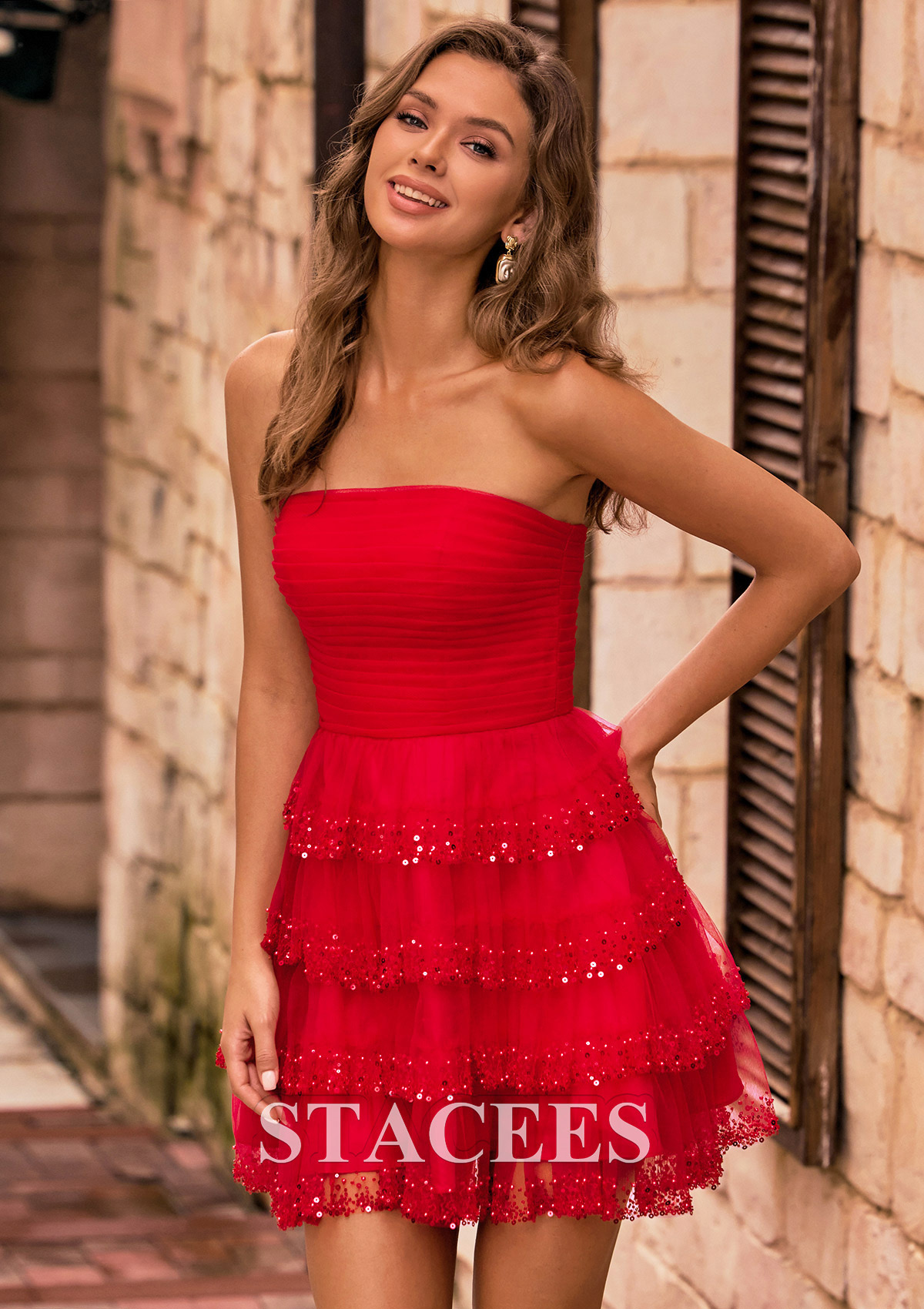 Red Ruched A-line Strapless Tiered Ruffle Tulle Homecoming Dress with Sequins Beads - STACEES