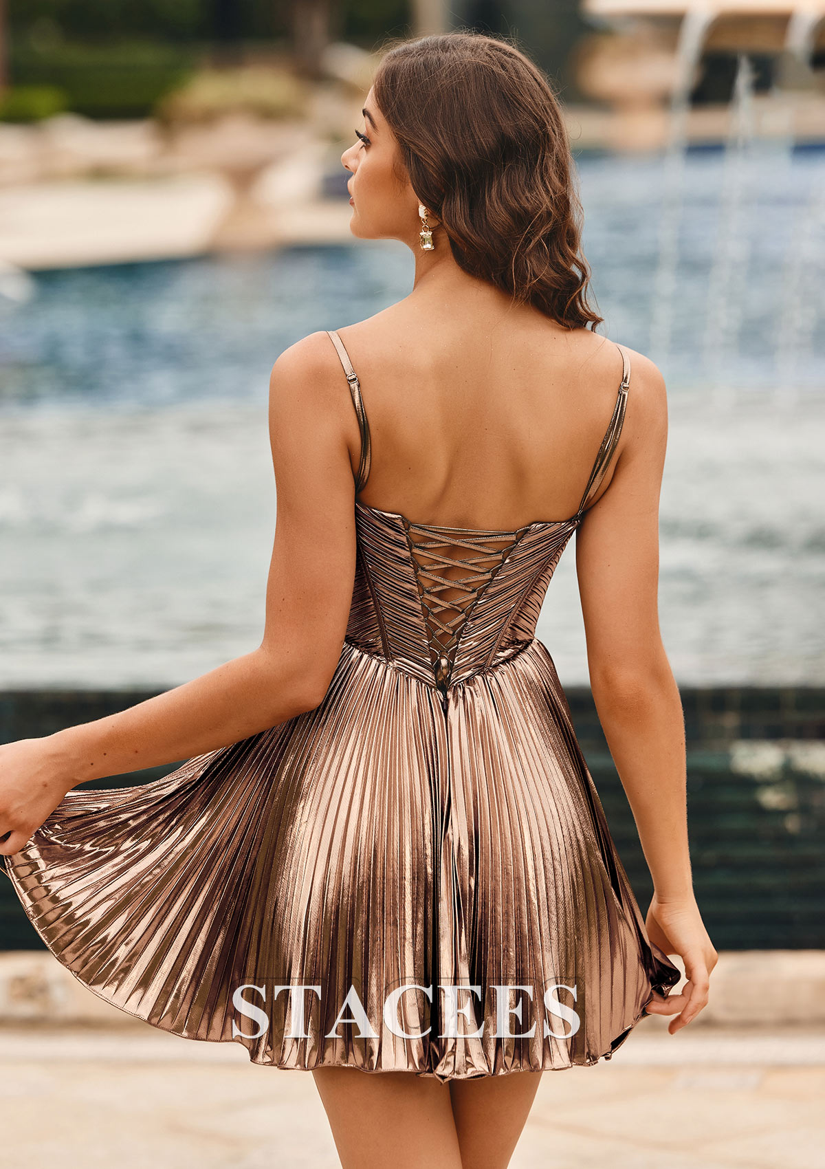 As Picture A-line V Neck Short/Mini Metallic Homecoming Dress with Pleated - STACEES