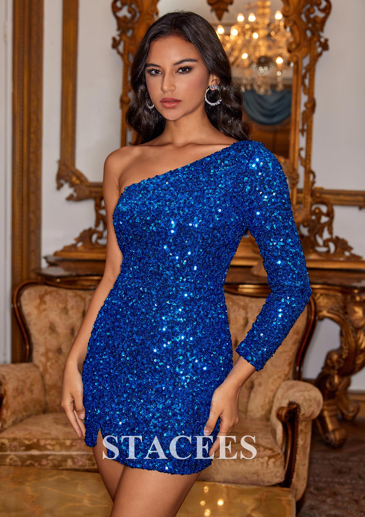 Bleu Royal Fourreau une épaule paillettes courte/mini robe de fête de la rentrée - STACEES