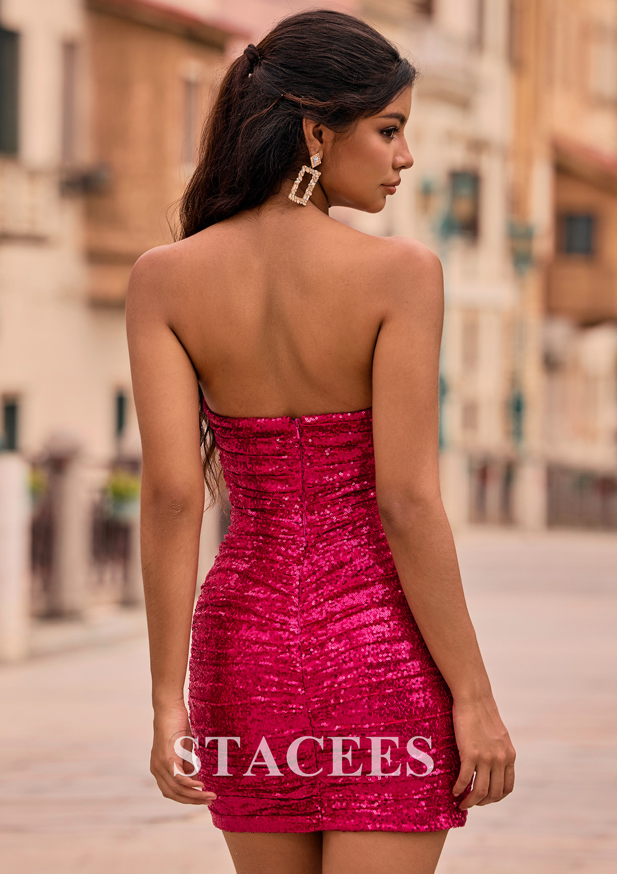 Fuchsia Bodycon Strapless Ruched Sequin Cutout Homecoming Dress - STACEES