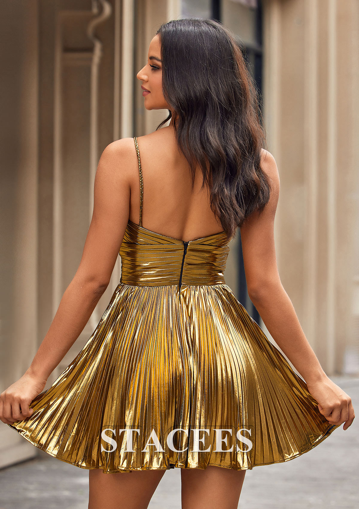 As Picture A-line Scalloped Neck Metallic Short/Mini Homecoming Dress with Pleated - STACEES