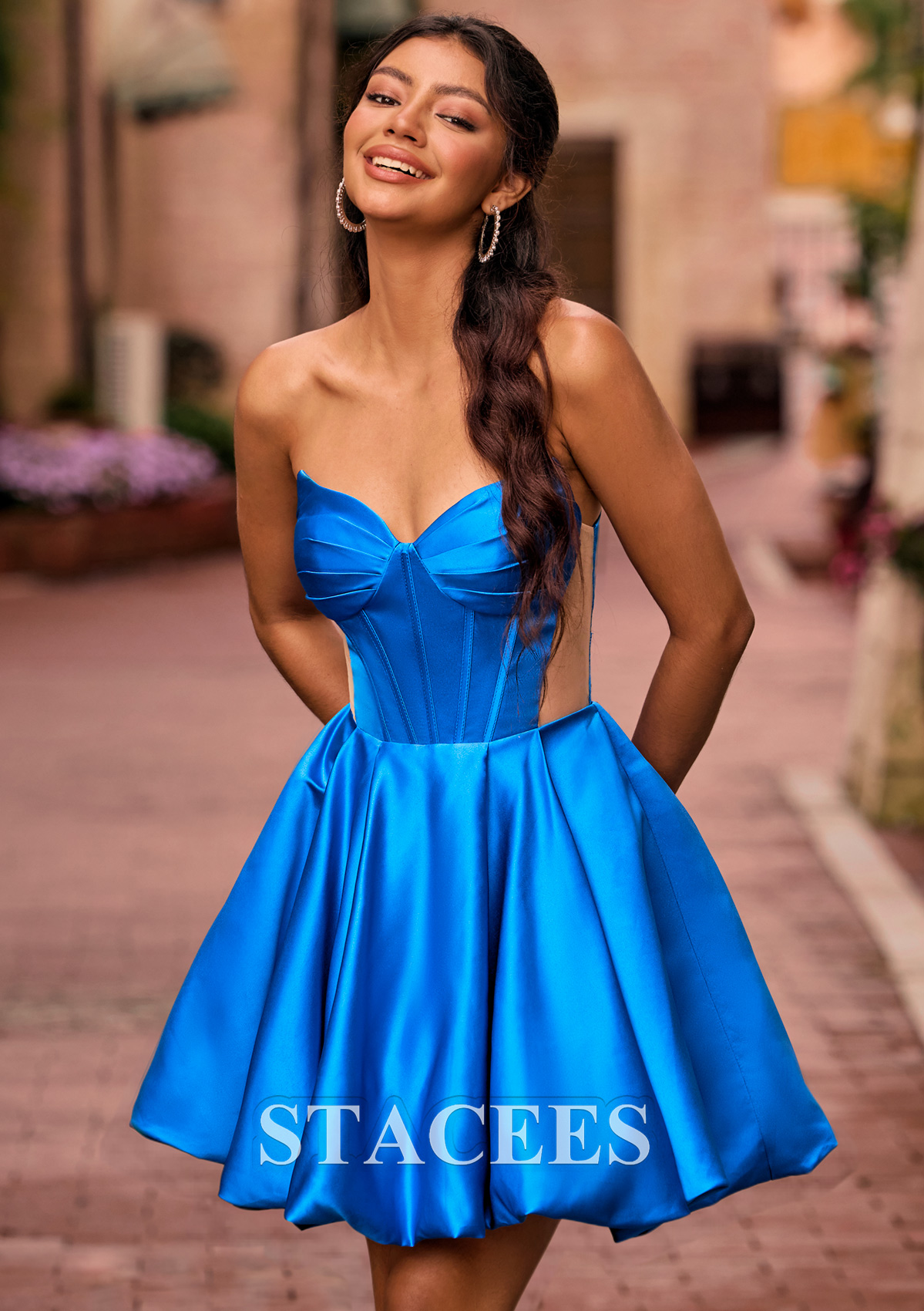 Bleu Océan Robe trapèze col en v satin courte/mini robe de fête de la rentrée avec plissé - STACEES