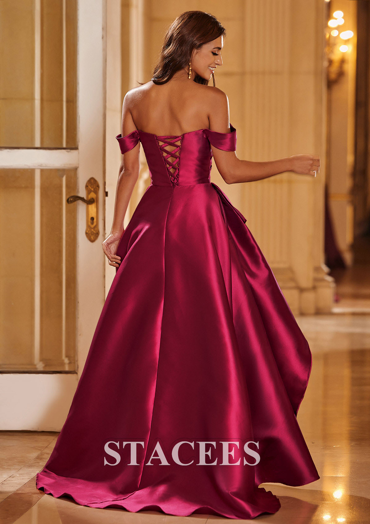 Burgundy A-line Off the Shoulder Mikado Ruffled Slit Prom Dress with Pleated Pockets - STACEES
