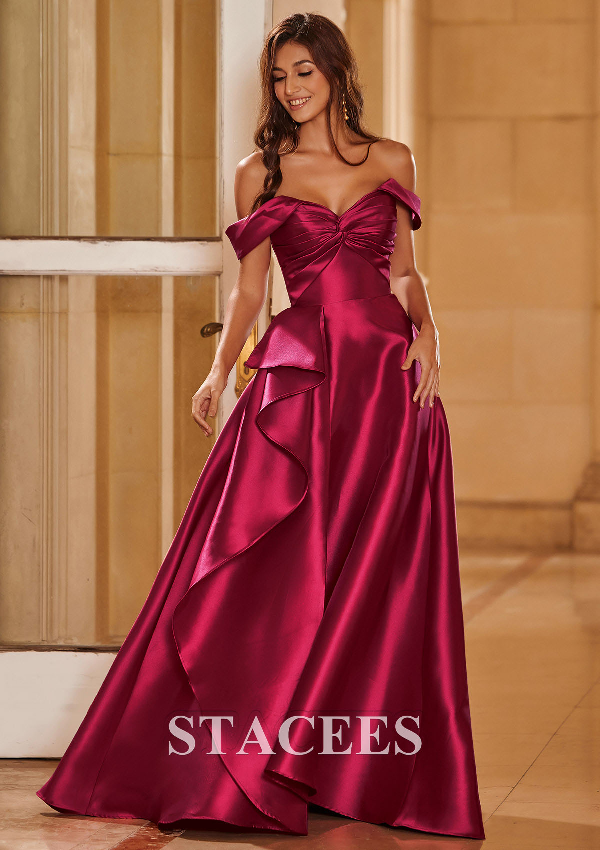 Burgundy A-line Off the Shoulder Mikado Ruffled Slit Prom Dress with Pleated Pockets - STACEES