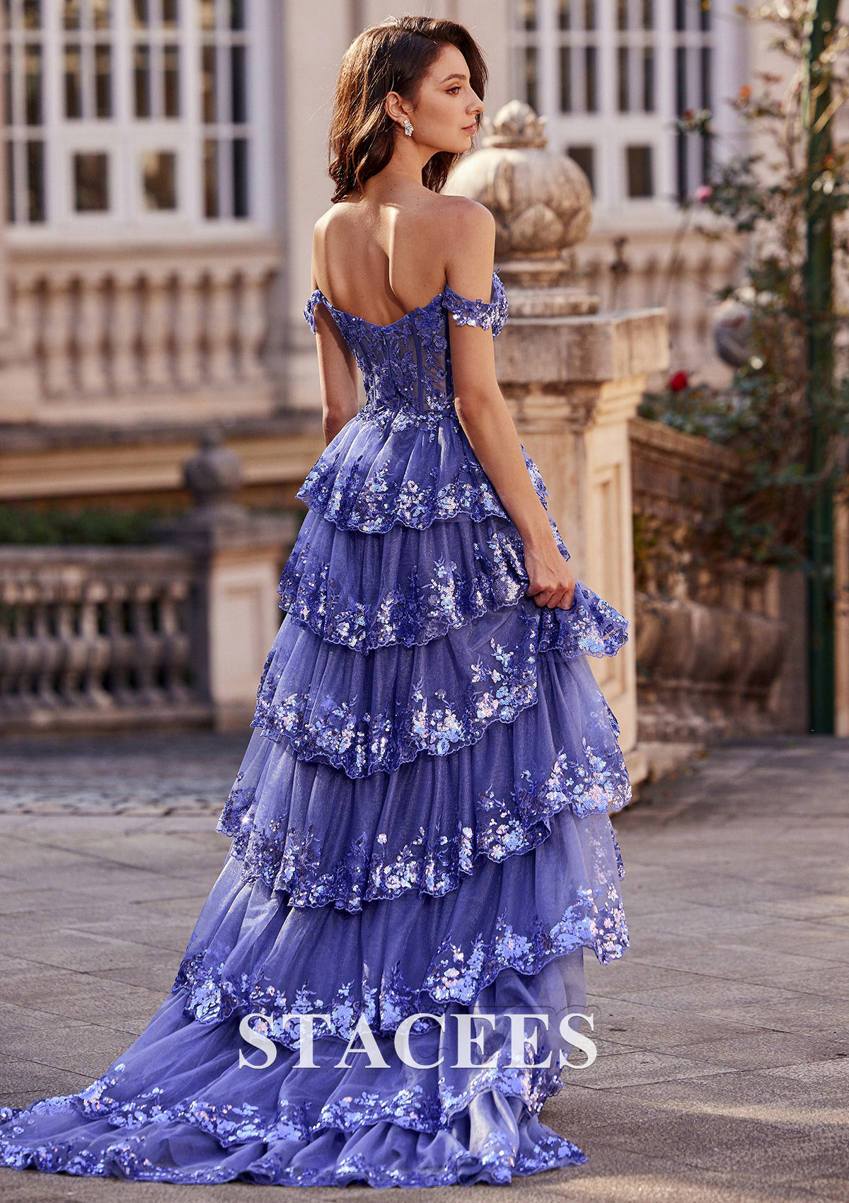 Lavender A-line Off-the-Shoulder Sweep Train Tulle Prom Dress with Ruffles Sequins Split - STACEES