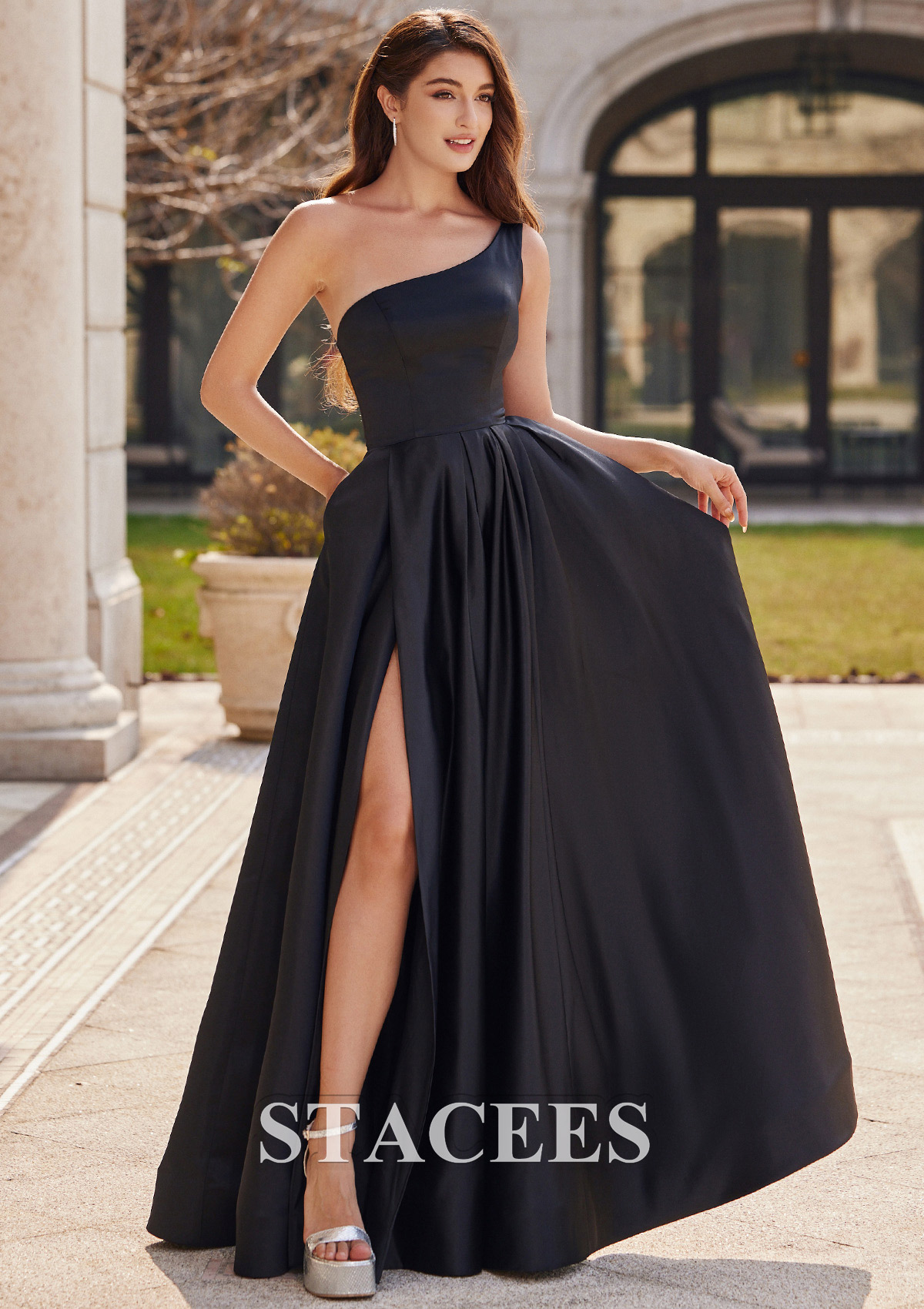 Black A-line One-Shoulder Floor-Length Satin Prom Dress with Pockets Split - STACEES