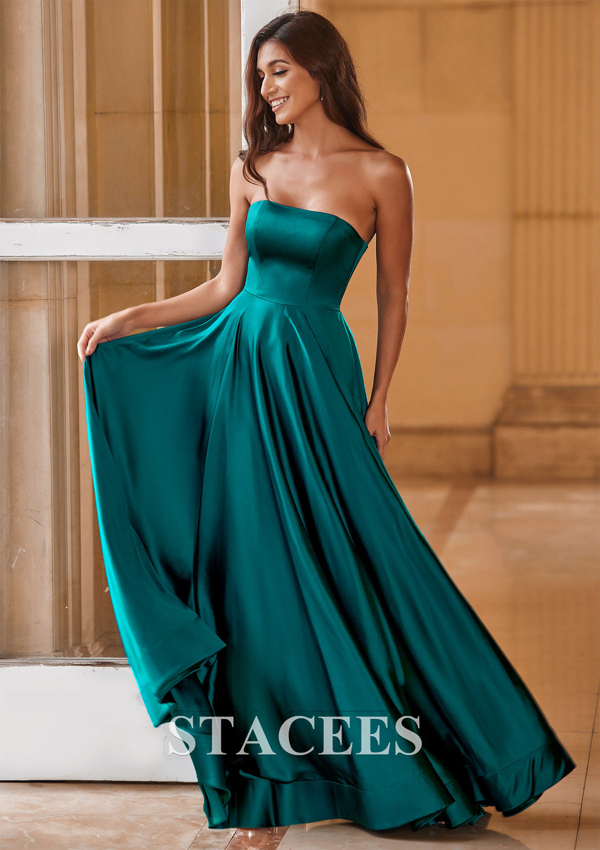Teal A-line Strapless Satin Floor-Length Prom Dress with Pockets - STACEES