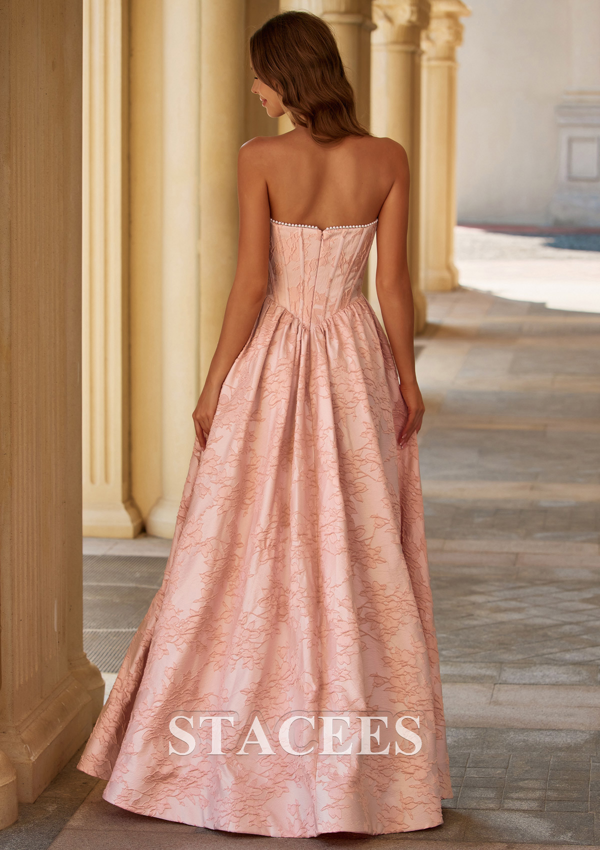 Blushing Pink A-line Strapless Corset Floral Jacquard Prom Dress with High Slit Pockets - STACEES