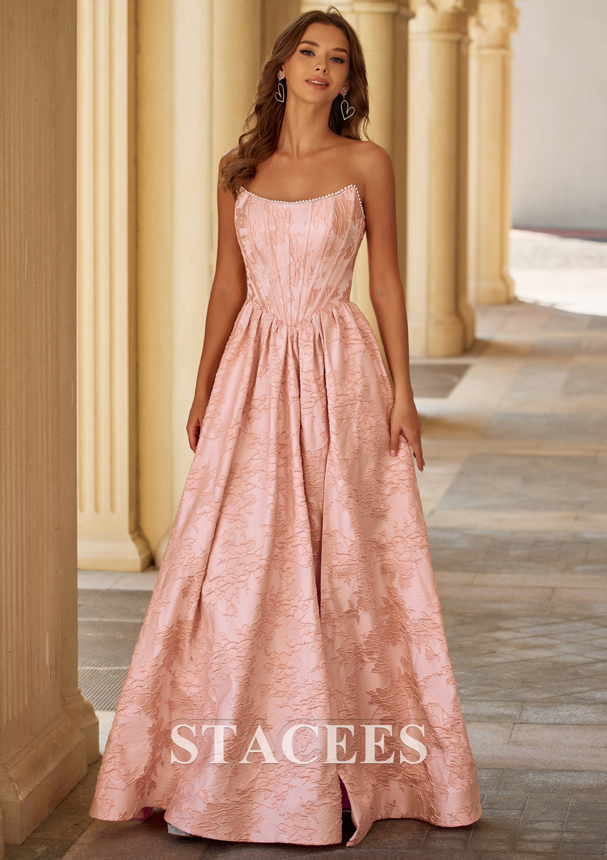 Blushing Pink A-line Strapless Corset Floral Jacquard Prom Dress with High Slit Pockets - STACEES