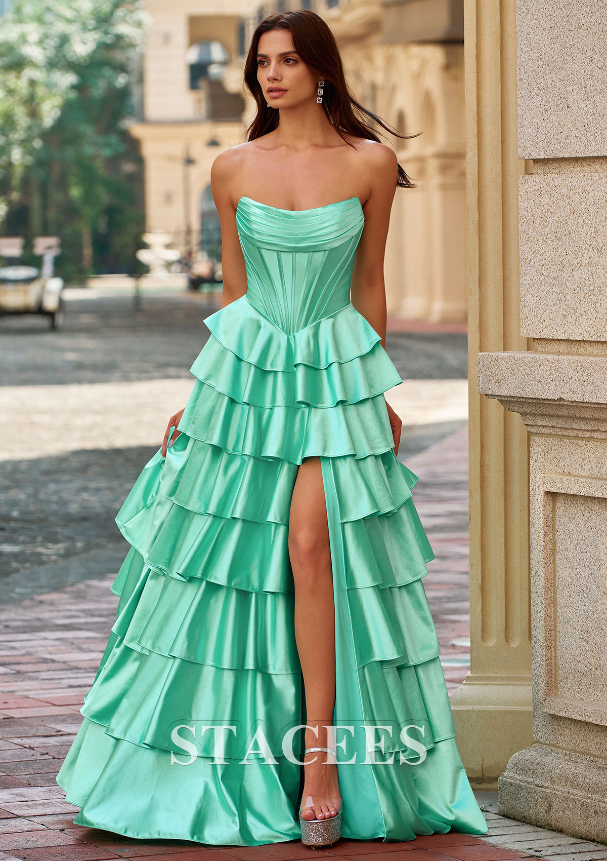 Mint Green A-line Strapless Tiered Ruffle Prom Dress with Ruched Corset High Slit - STACEES