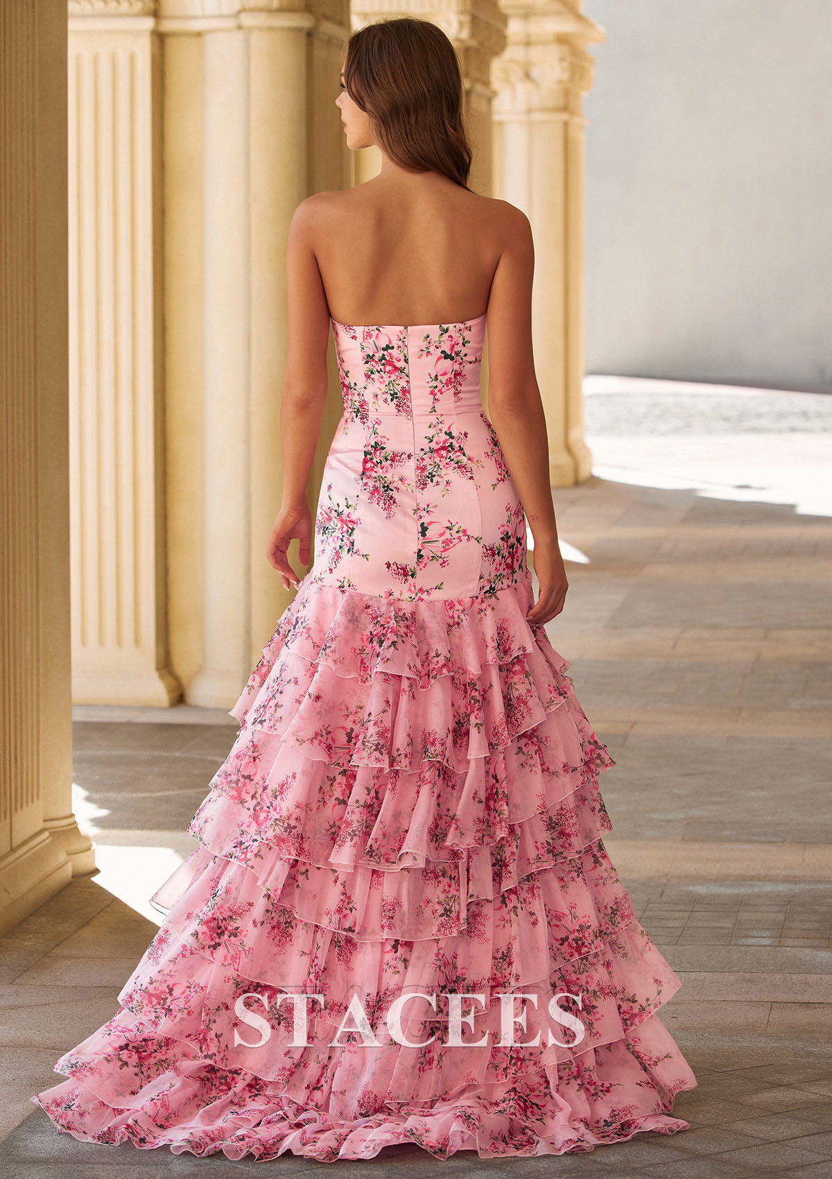 Blushing Pink Floral Trapèze carrée mousseline traîne balayage robe de bal avec volants fendue noeuds papillons - STACEES