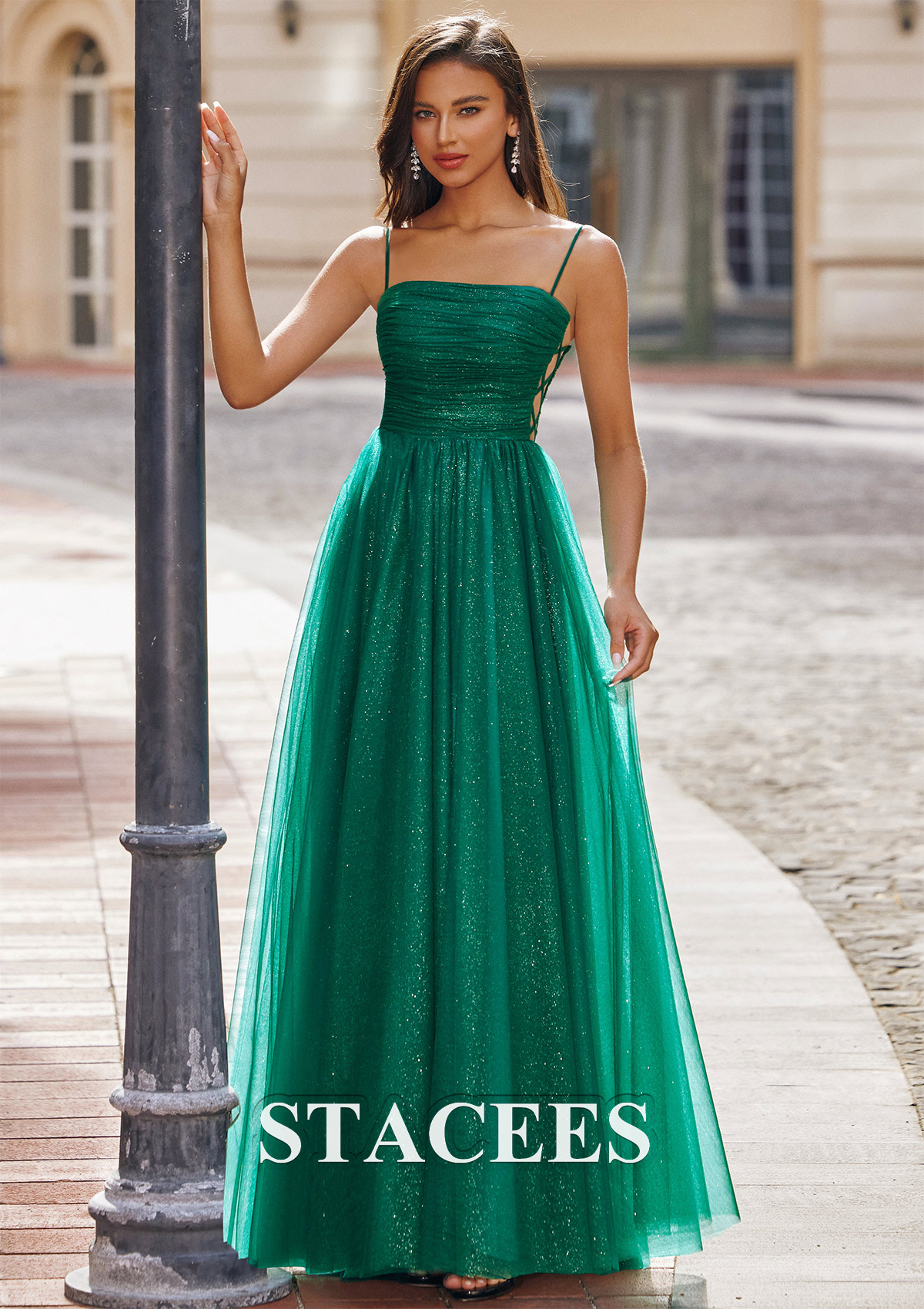 Dark Green A-line Square Neckline Sleeveless Sweep Train Tulle Prom Dress with Pleated Glitter - STACEES