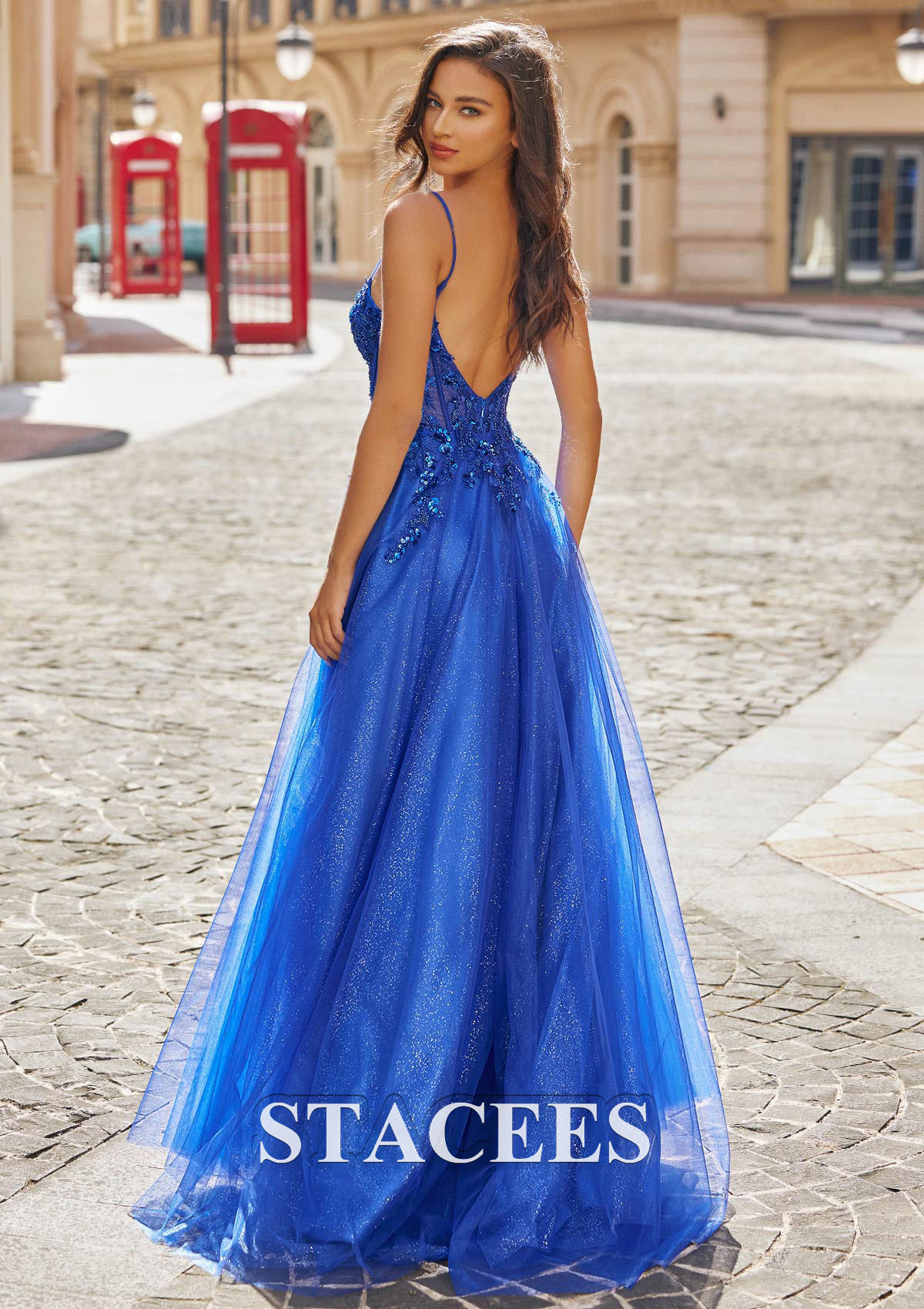 Bleu Royal Trapèze carrée tulle traîne balayage robe de bal - STACEES