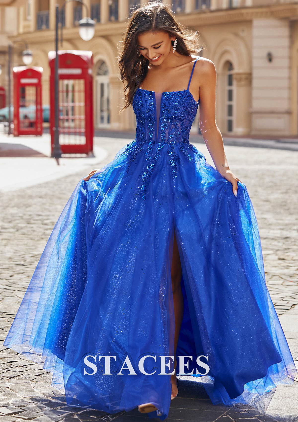 Bleu Royal Trapèze carrée tulle traîne balayage robe de bal - STACEES