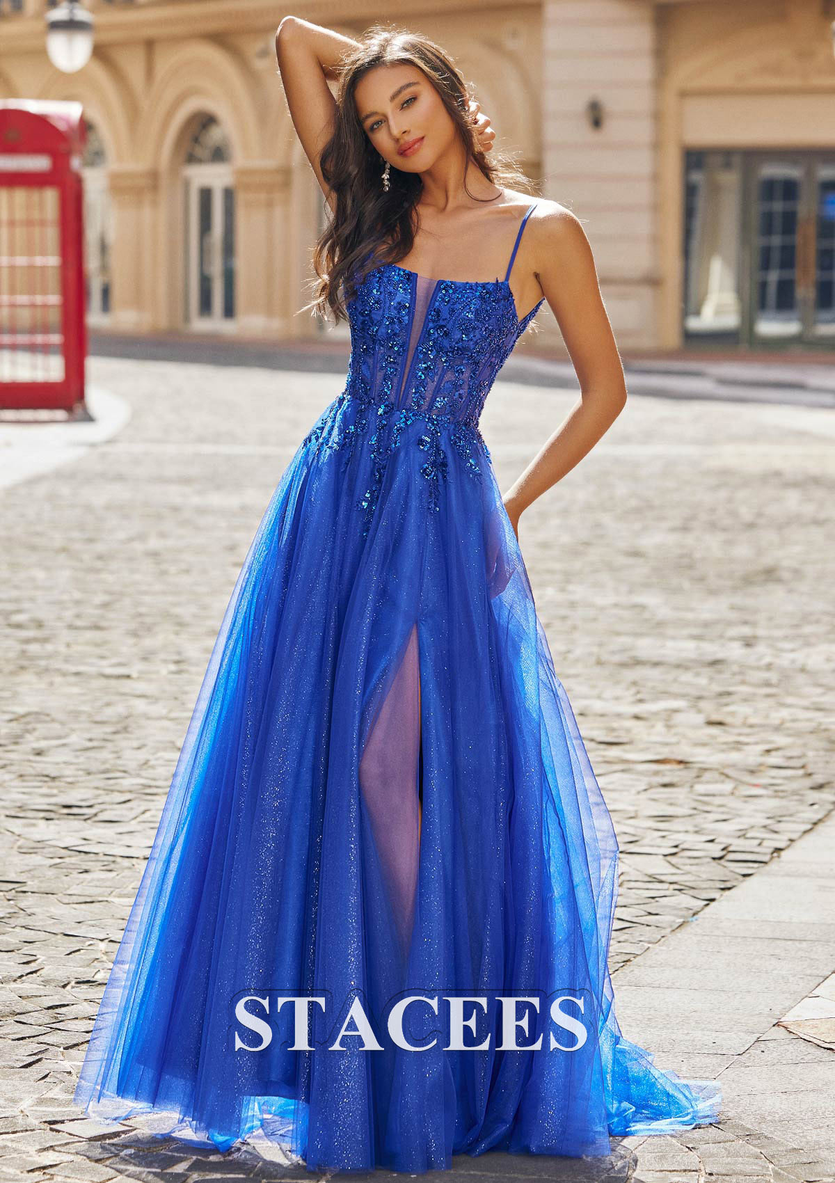 Bleu Royal Trapèze carrée tulle traîne balayage robe de bal - STACEES