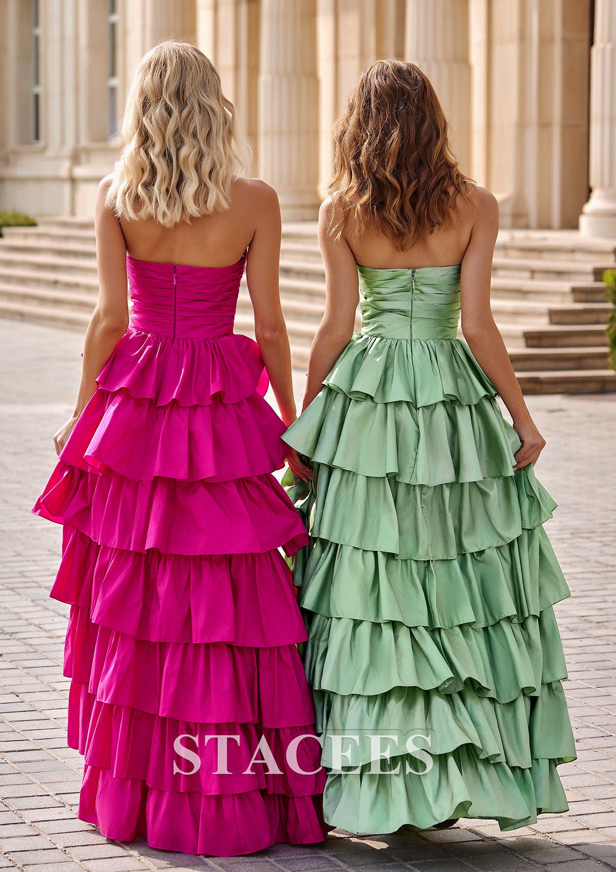 Sage A-line Square Neckline Strapless Floor-Length Taffeta Prom Dress with Ruffles Slit - STACEES