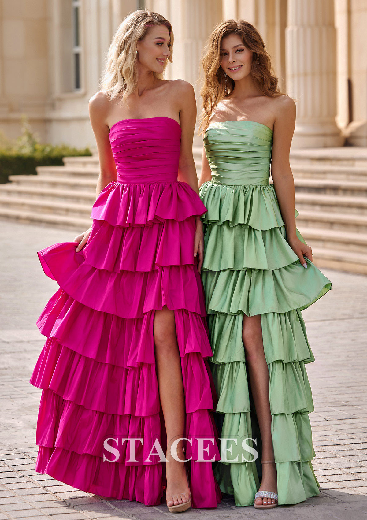 Sage A-line Square Neckline Strapless Floor-Length Taffeta Prom Dress with Ruffles Slit - STACEES
