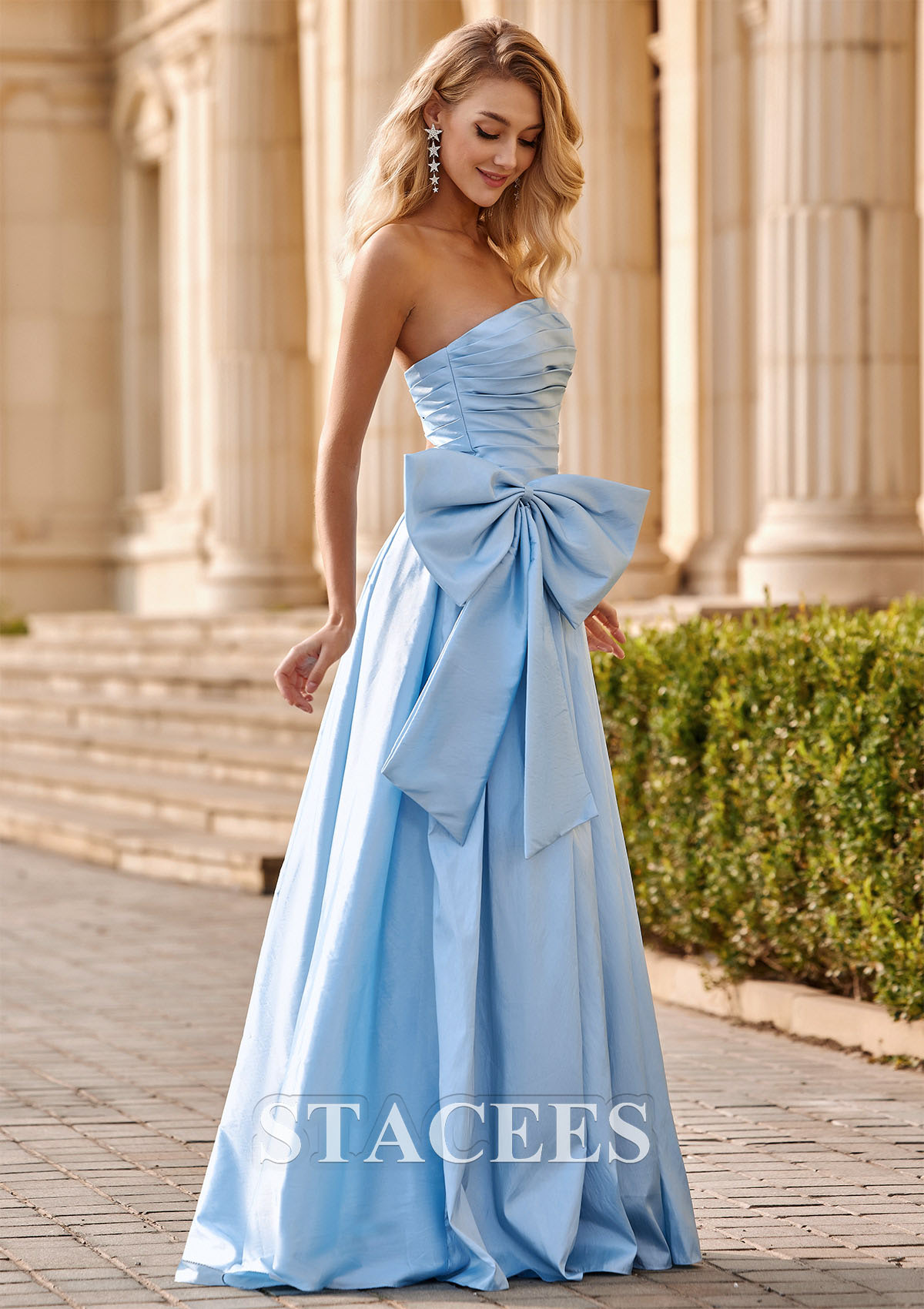 Sky Blue A-line Strapless Taffeta Long Slit Prom Dress with Pleated Bodice Bow - STACEES