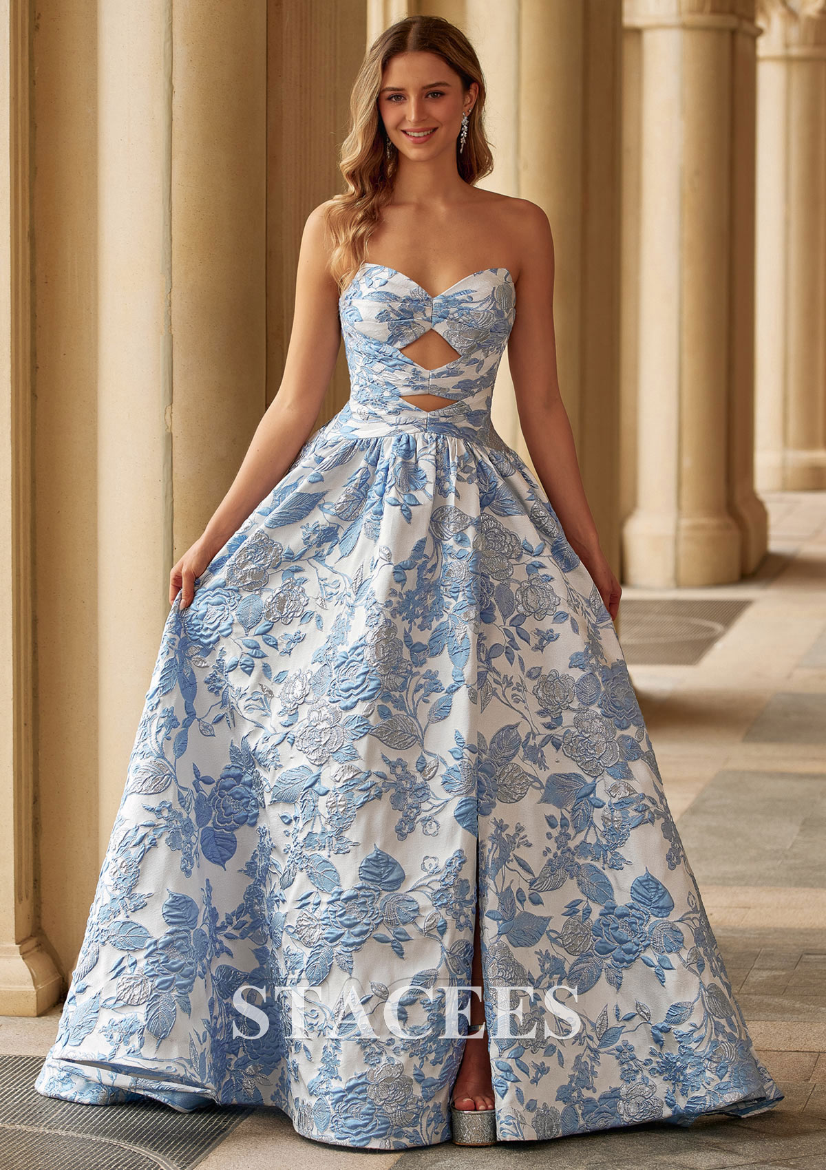 Sky Blue Floral Vintage Strapless Floral Metallic Brocade Prom Dress with Corset Back Slit - STACEES