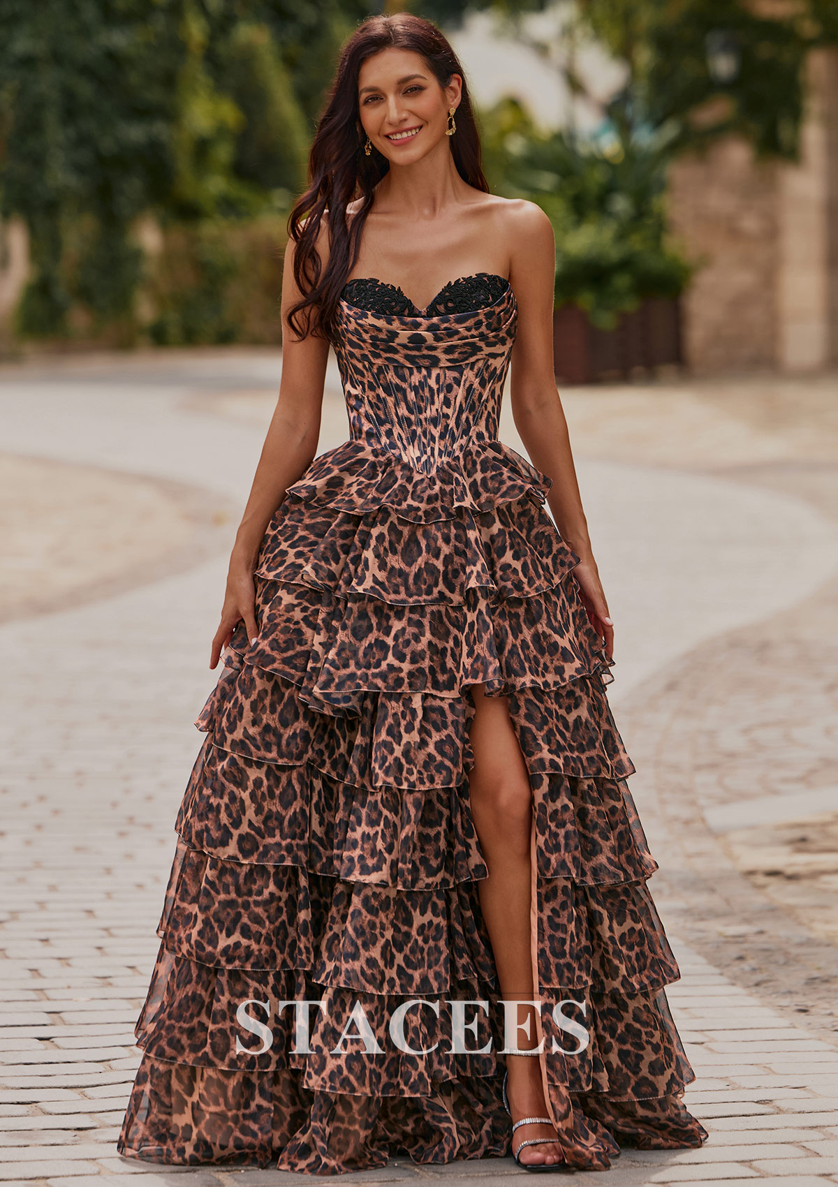 Cheetah Print Vestido línea a cuello de corazón gasa hasta el suelo vestido de graduación - STACEES