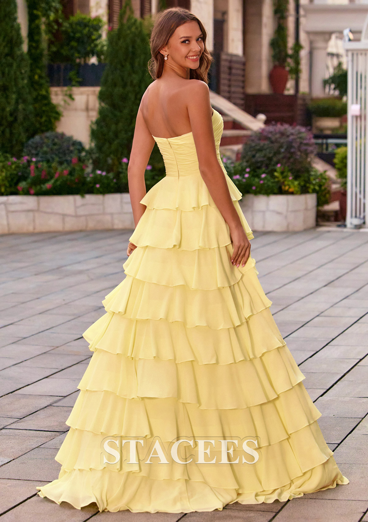 Daffodil Strapless A-line Sweetheart Tiered Ruffle Ruched Chiffon Prom Dress with Slit - STACEES