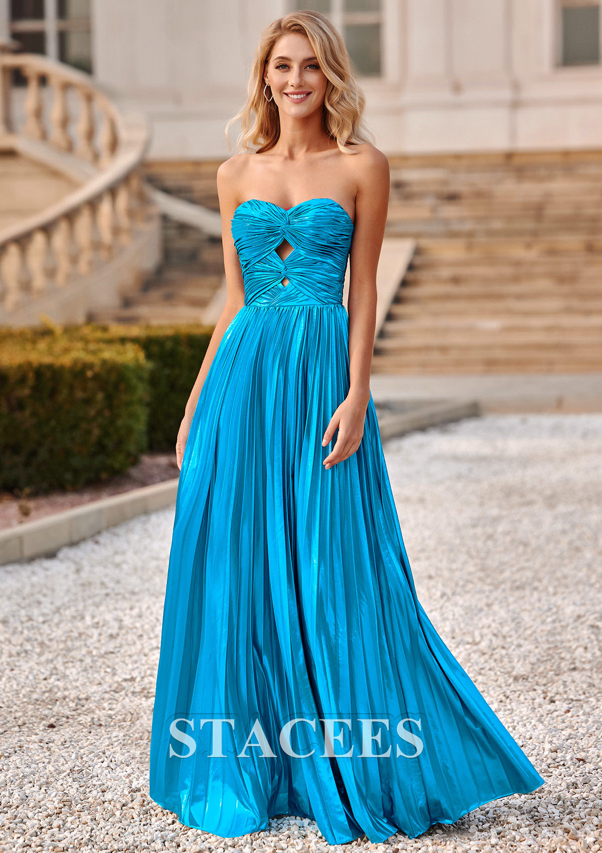 Blue Vestido línea a cuello de corazón metálico hasta el suelo vestido de graduación - STACEES