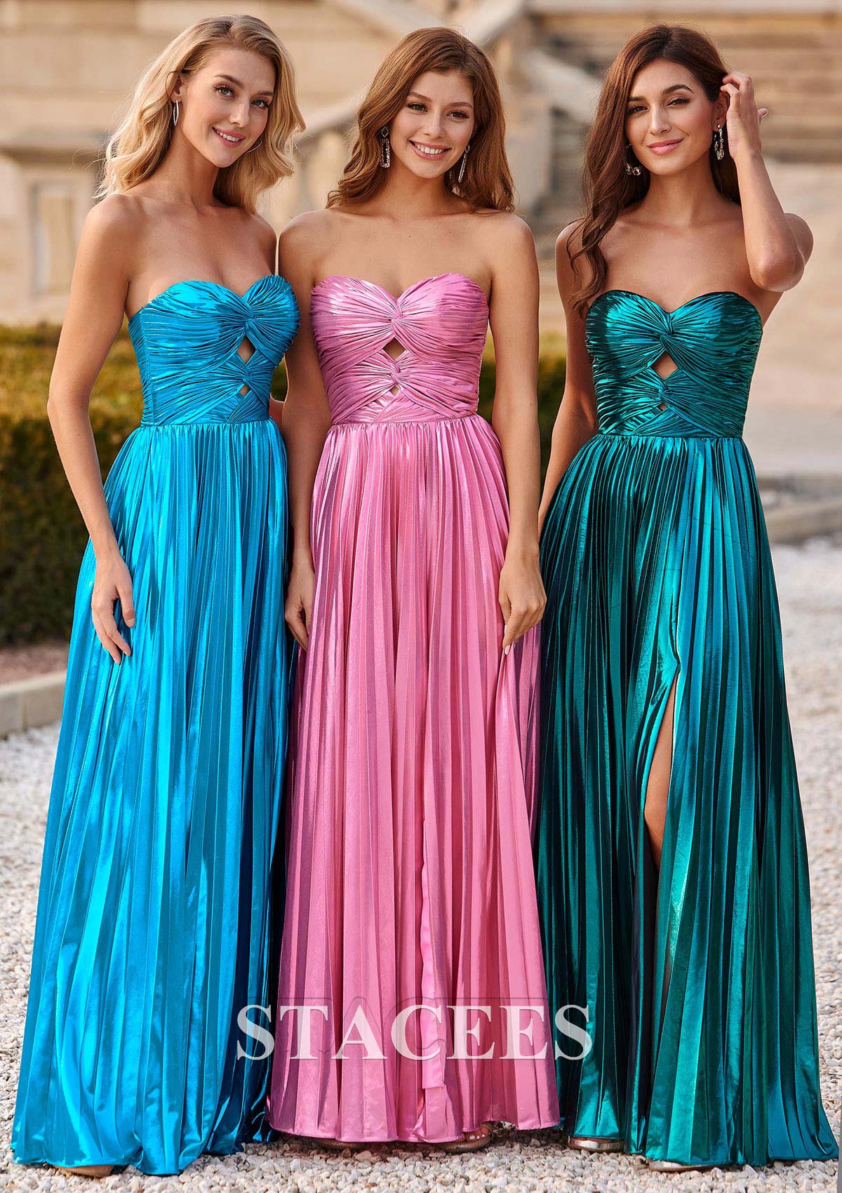 Blue Vestido línea a cuello de corazón metálico hasta el suelo vestido de graduación - STACEES