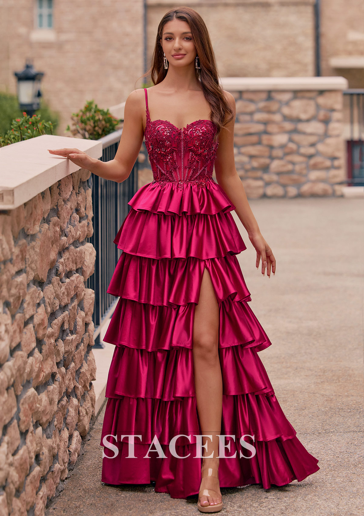 Burgundy A-line Embroidered Sheer Corset Tiered Ruffle Prom Dress with Front Slit - STACEES