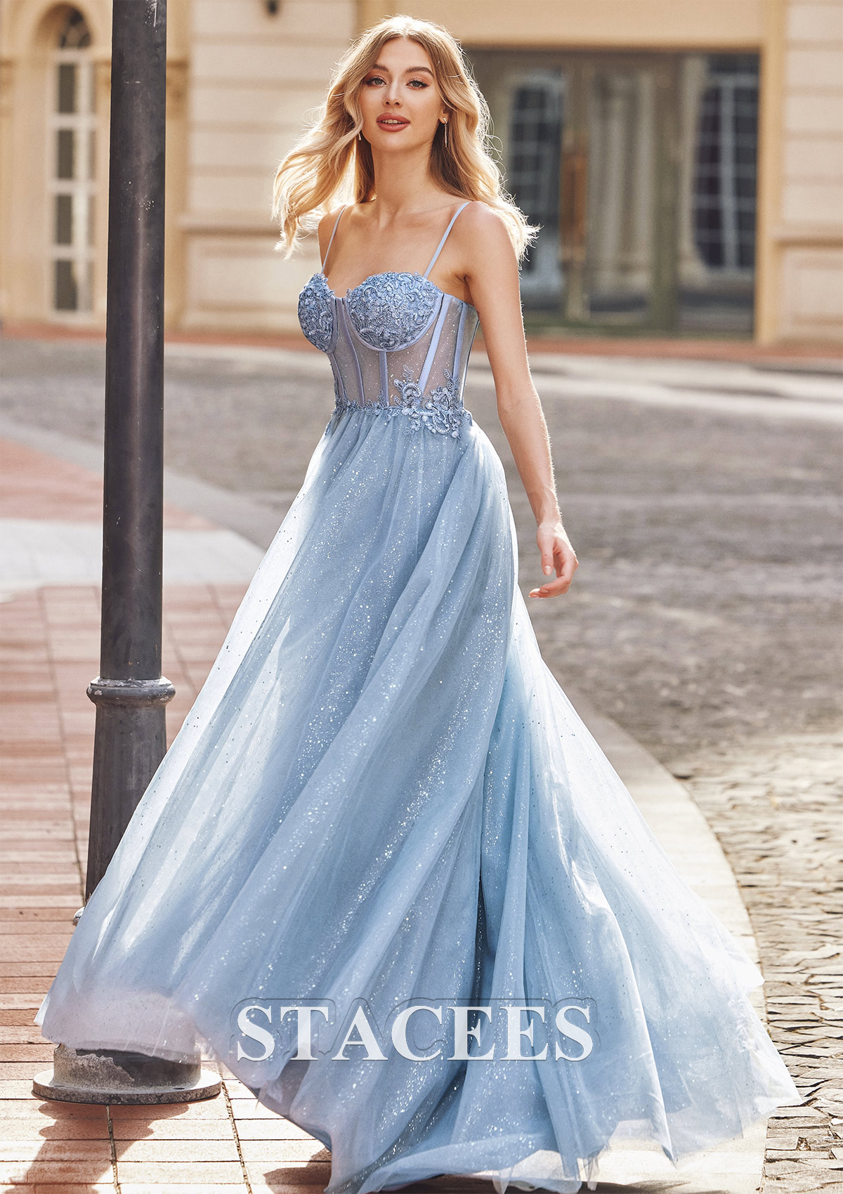 Bleu Poudré Robe trapèze cache coeur tulle traîne balayage robe de bal - STACEES