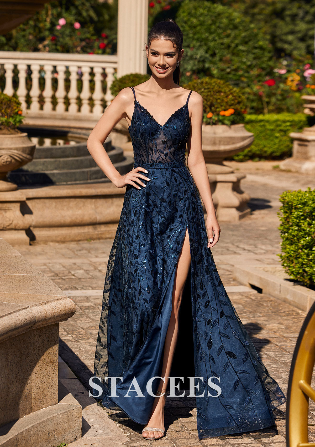 Dark Navy A-line V Neck Floor-Length Sequins Prom Dress with Split - STACEES