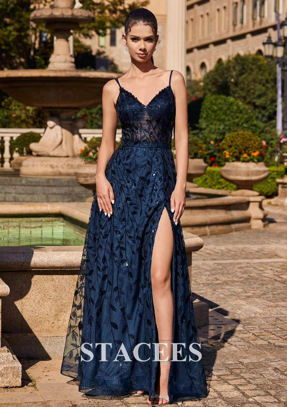 Dark Navy A-line V Neck Floor-Length Sequins Prom Dress with Split - STACEES